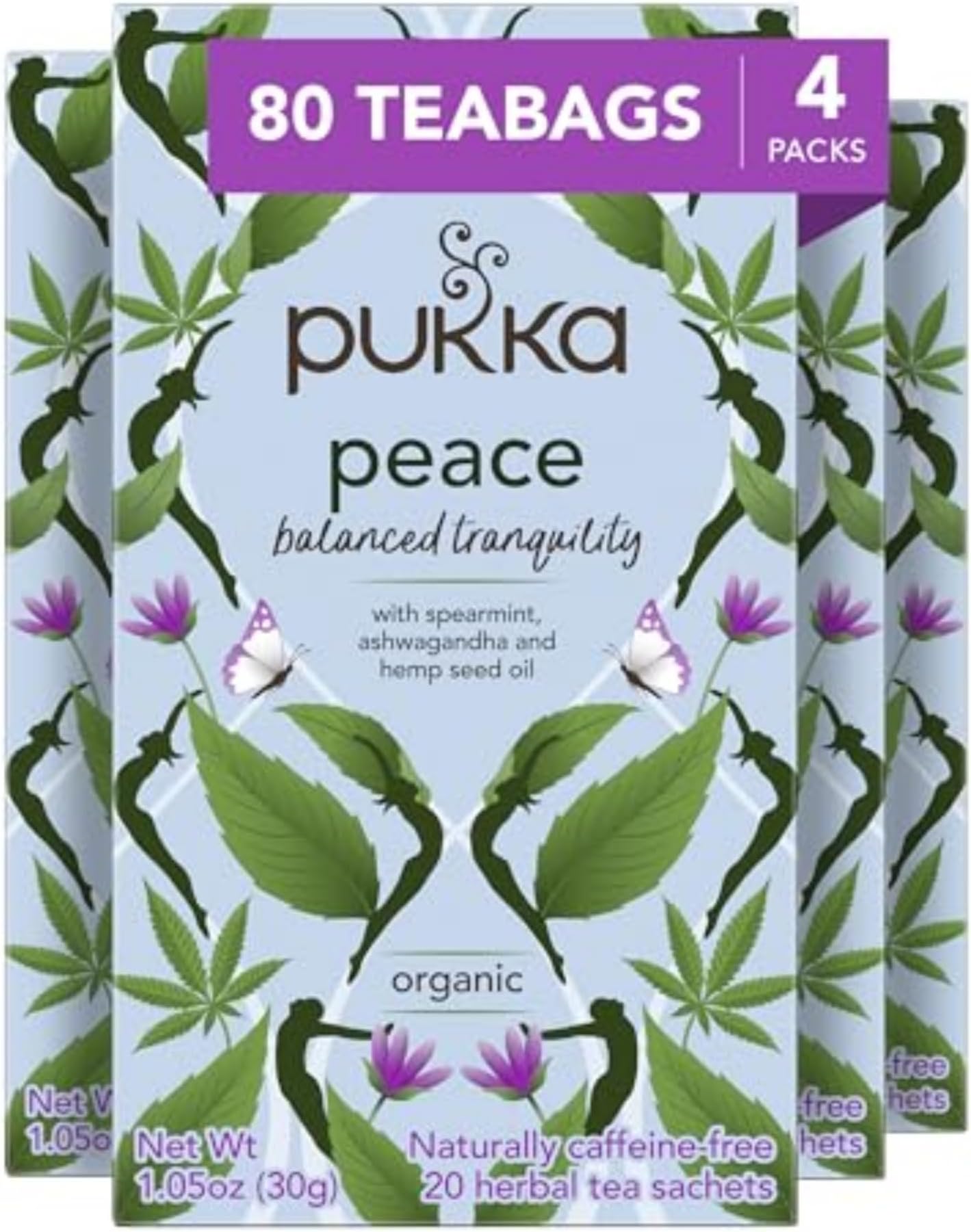 Peace Organic Tea Bags, Herbal Tea with Spearmint, Ashwagandha, and Hemp Seed Oil, Perfect for Balanced Tranquility, Caffeine Free, 80 Total Tea Bags (20ct - Pack of 4)