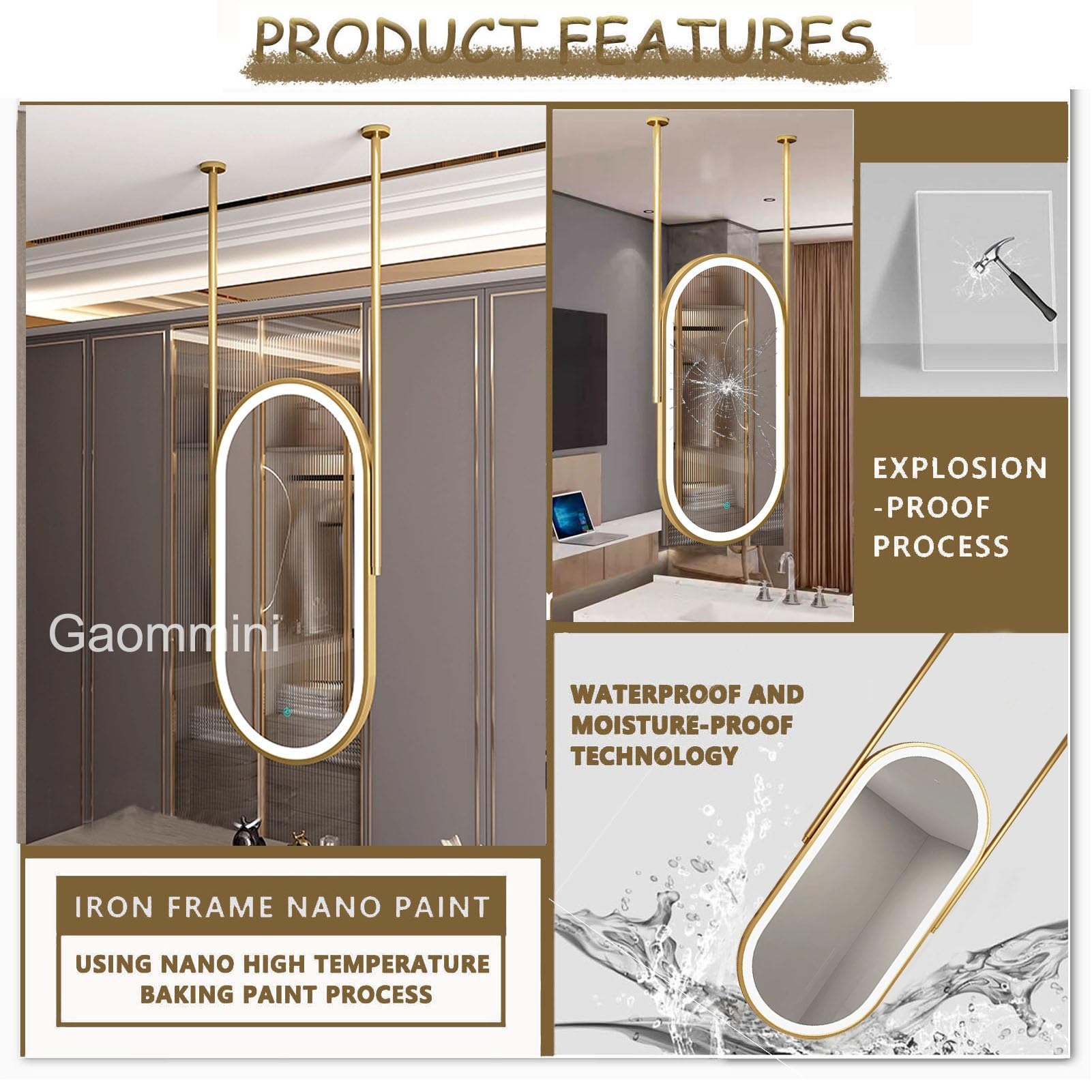 Espejo de Maquillaje Dorado con luz para Techo, Espejo Ovalado con Marco de Metal y Luces LED, Espejo de tocador de baño suspendido con Barra para Colgar en el Techo.(40cmx70cm)