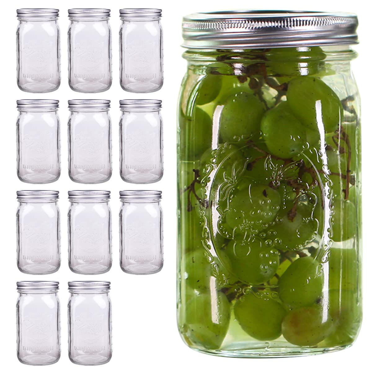 eleganttime Wide Mouth Mason Jars 32 oz with Lids and Bands Set of 12 Jars , Quart Large Glass Mason Jars with Airtight Lids,Great for Canning,Curing, Fermentation and Preservation