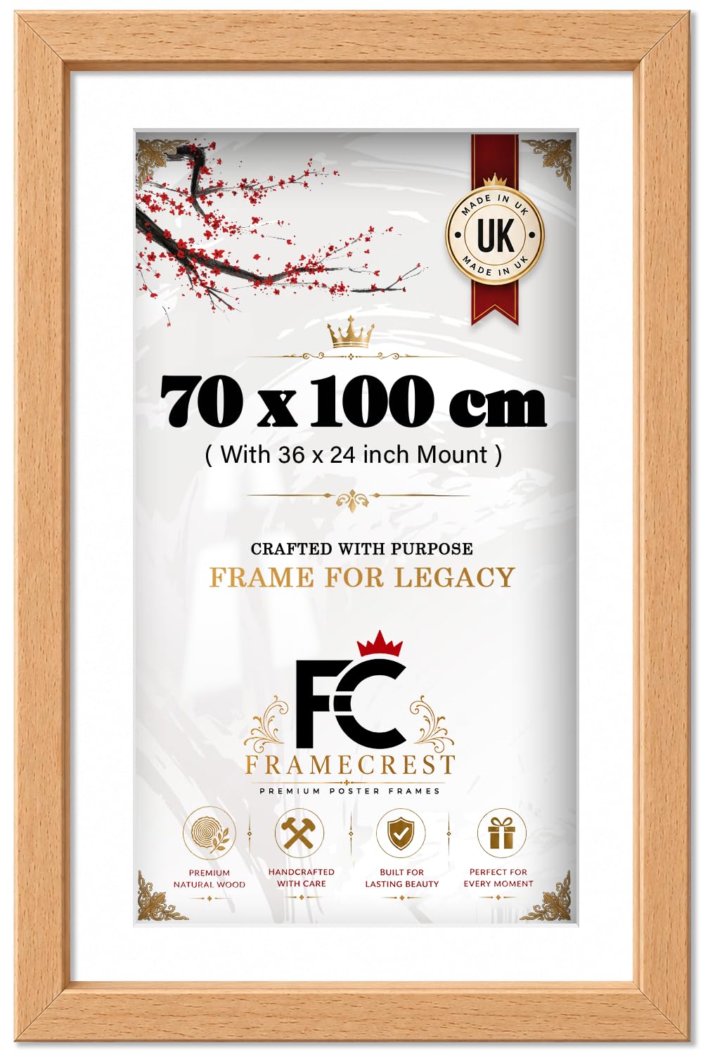 FRAMECREST LTD 70x100cm Poster Frame with 60x90cm White Mount - Premium Extra Large Wall Mounted Picture Frame for Gallery-Style Displays - British Made Quality - [Beech]