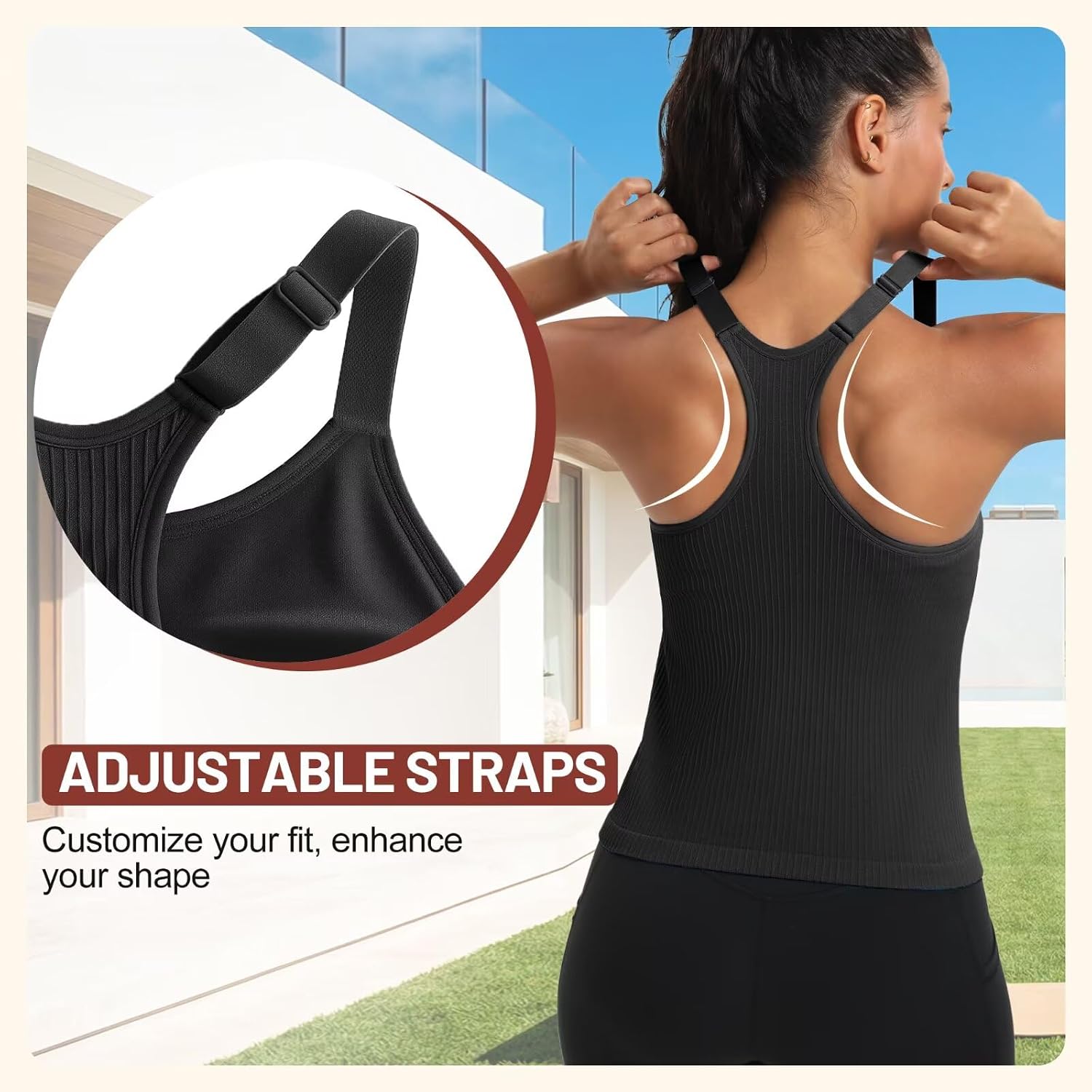 UBCUTE Racerback Workout Tank Tops for Women with Built-in Bra, Longline Ribbed Yoga Gym Shirts with Adjustable Straps