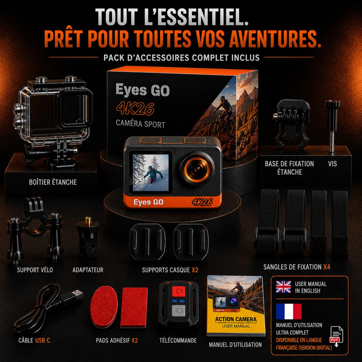 4K26 - Caméra Sport 4K30fps - 20 Accessoires - Photo 16MP - 2 Ecrans Tactile Vlog - Télécommande - Stabilisateur E.I.S 2.0 - Étanche 30M - 5 Heures d'autonomie