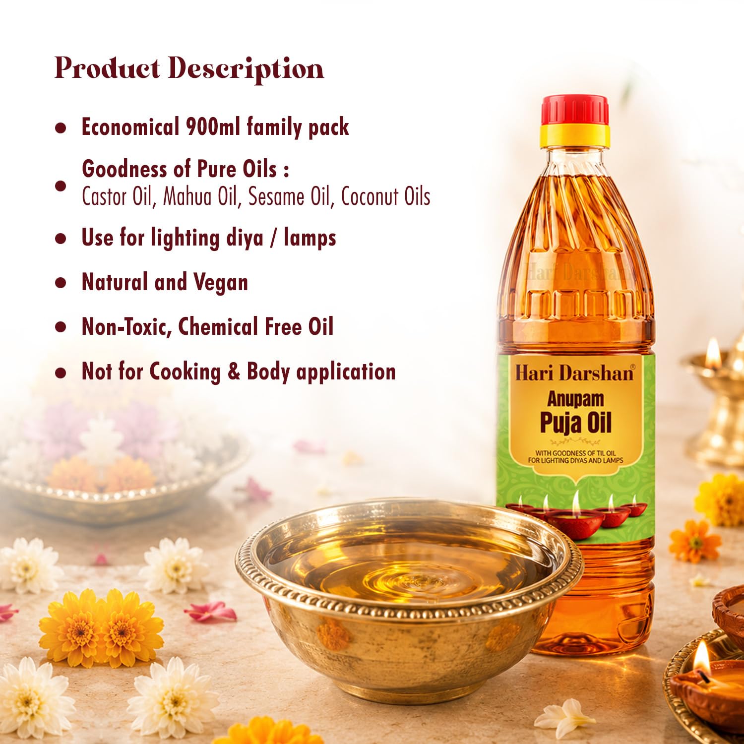 Hari Darshan Anupam Pooja Oil | Smokeless Til Oil for Puja, Havan| Deepam Oil | Diya Oil | Lamp Oil | Pure Puja Oil for Daily Use | Pack of 2 (900ml/Each) 3