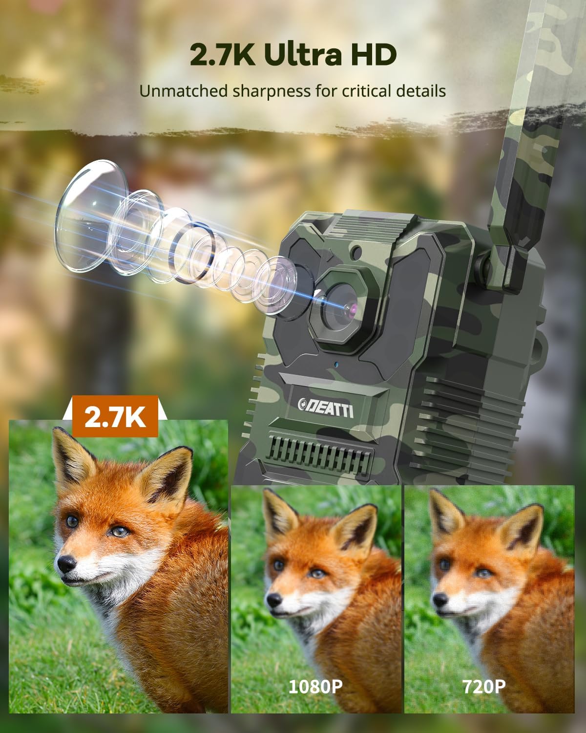Comparison of 2.7K, 1080P, and 720P video quality with a fox image