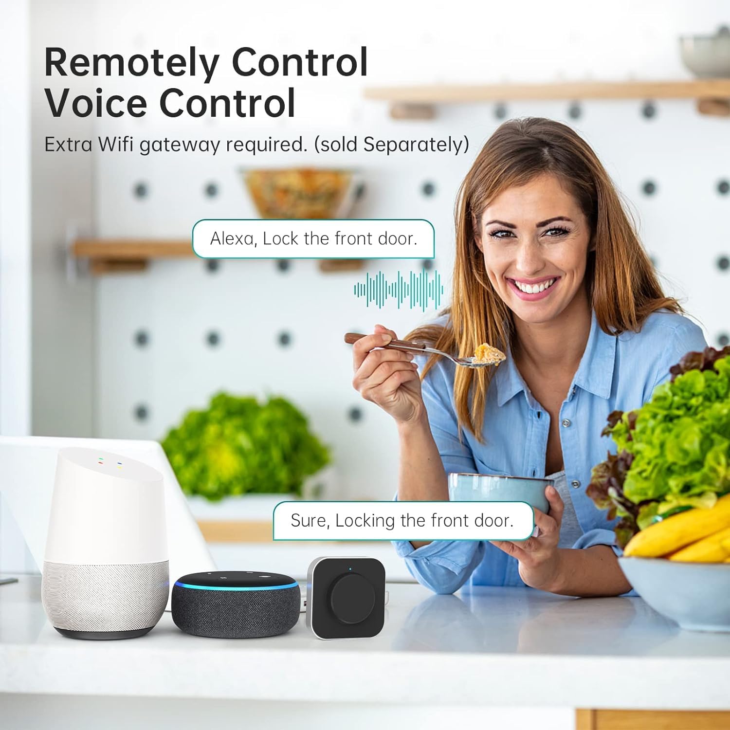 A woman interacting with smart speakers, demonstrating remote voice control with Alexa for locking the front door.