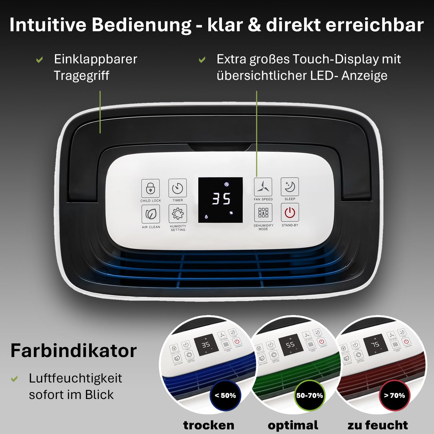 alfda AEF2000 Luftentfeuchter elektrisch 20 L Tag | 20 L Tag, bis 30m², Abschaltautomatik, Hygrostat & Touch-Display, für Schlafzimmer & Badezimmer