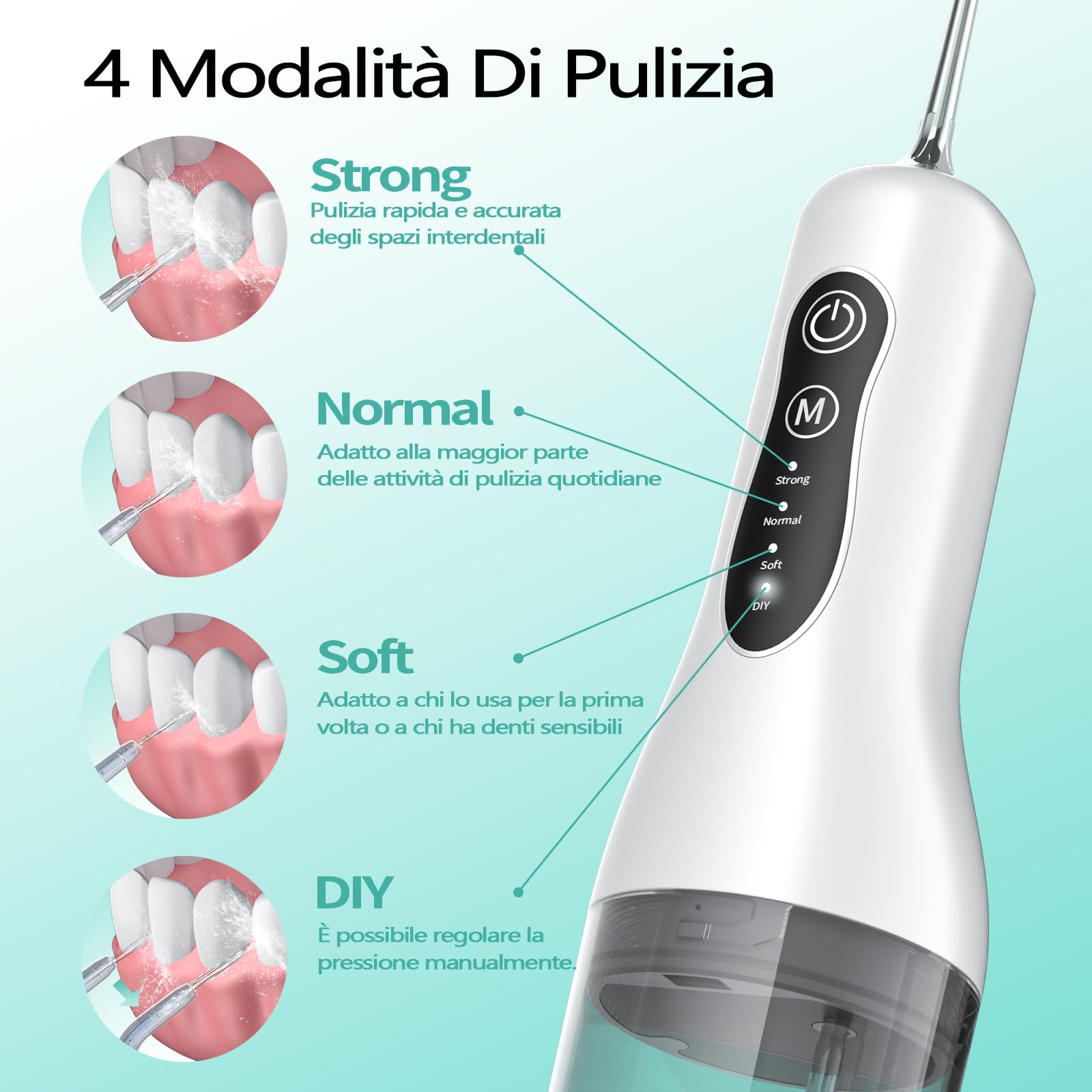 Idropulsore Dentale Portatil, Irrigatore Dentale 4 Modalità e 5 Ugelli Ricambio, Irrigatore Orale per Pulizia Giornaliera e Pulizia Profonda, Water Flosser Adatto per Viaggi e Uso Domestico. Bianco