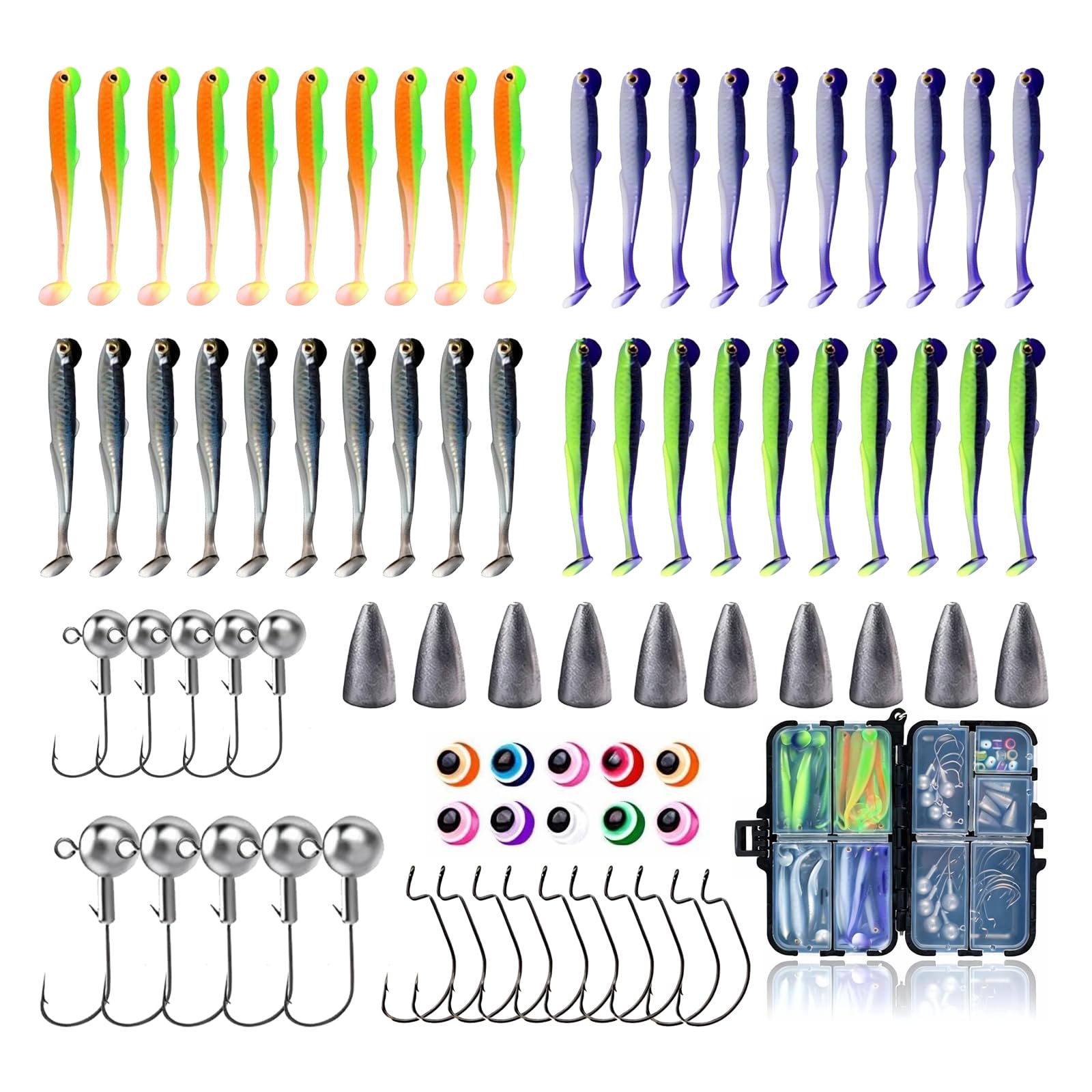 Soft Fishing Lures Kit, 75 Pieces Texas and Carolina Fishing Rig for Bass, Sinkers Bullet-Weights, Hooks, Paddle Tail Grub, Accessories Tackle Box