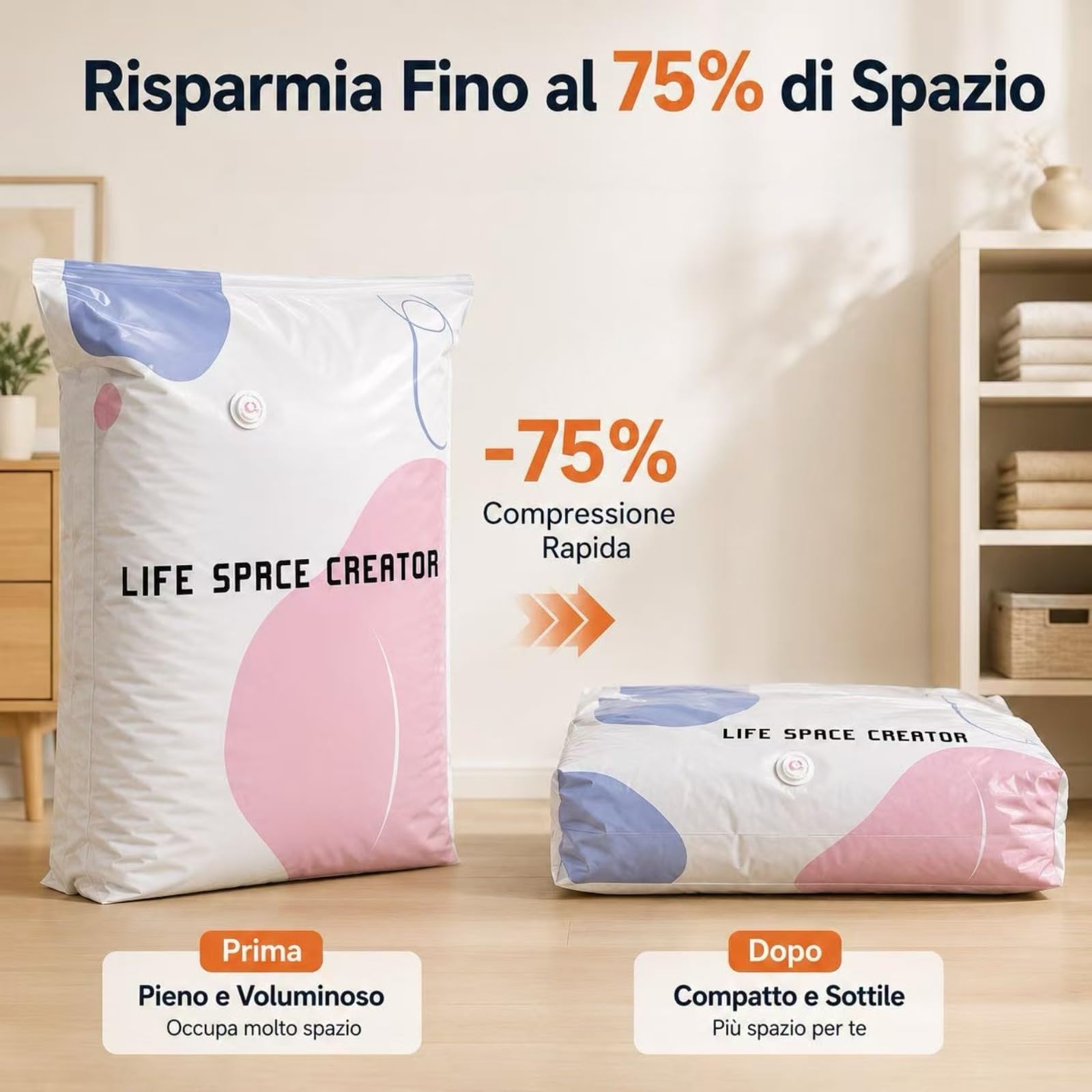 Sacchetti Sottovuoto senza Pompa 3D, Sacchetto per Sottovuoto Grande senza Pompa, Chiusura a Pressione, 3 Secondi Salva Spazio per Vestiti, Piumini