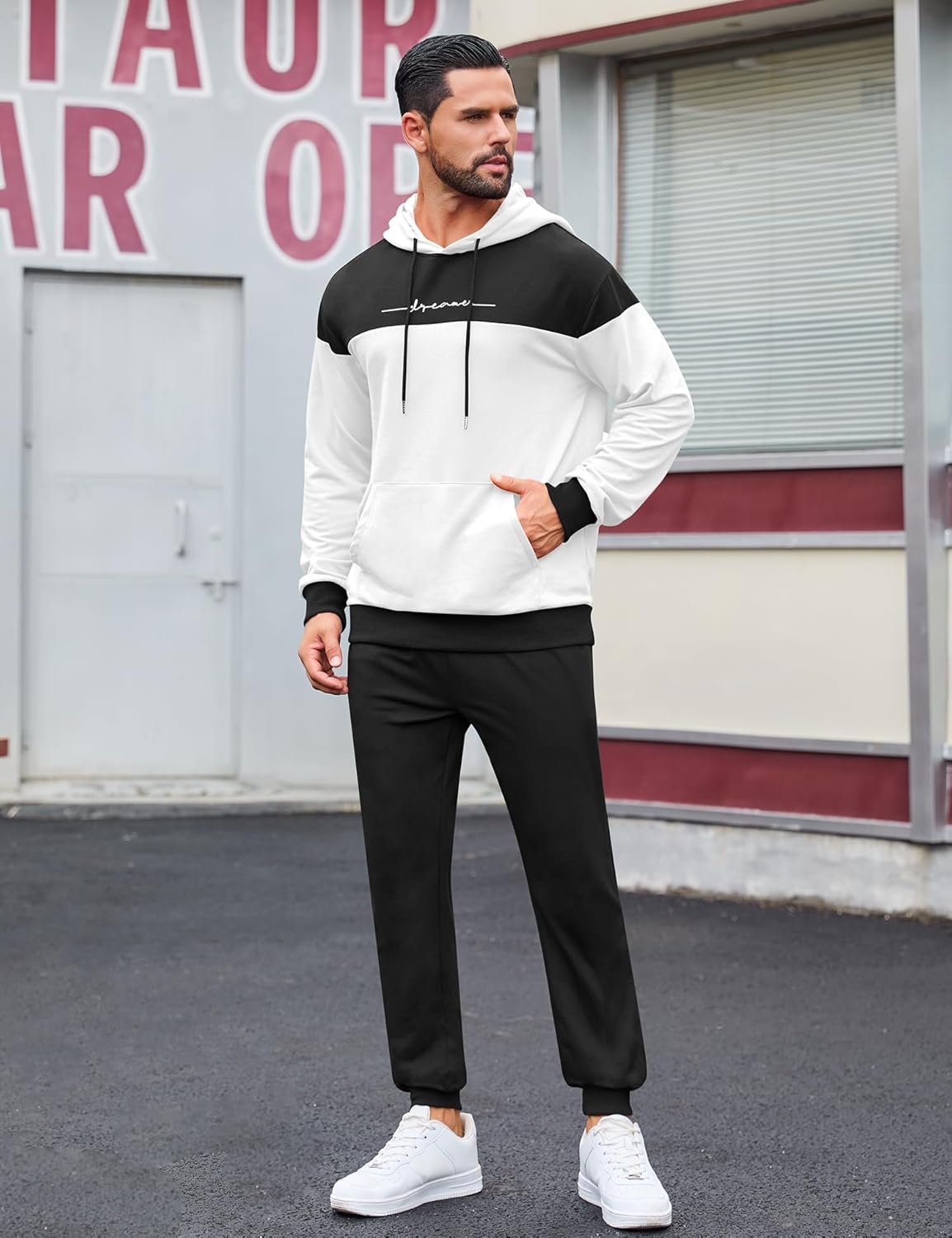 Babioboa Men's Hooded Tracksuit 2 Piece Color Block Fleece Sweatsuit Jogging Sport Suit Letter Hoodie and Sweatpant Set - Image 3