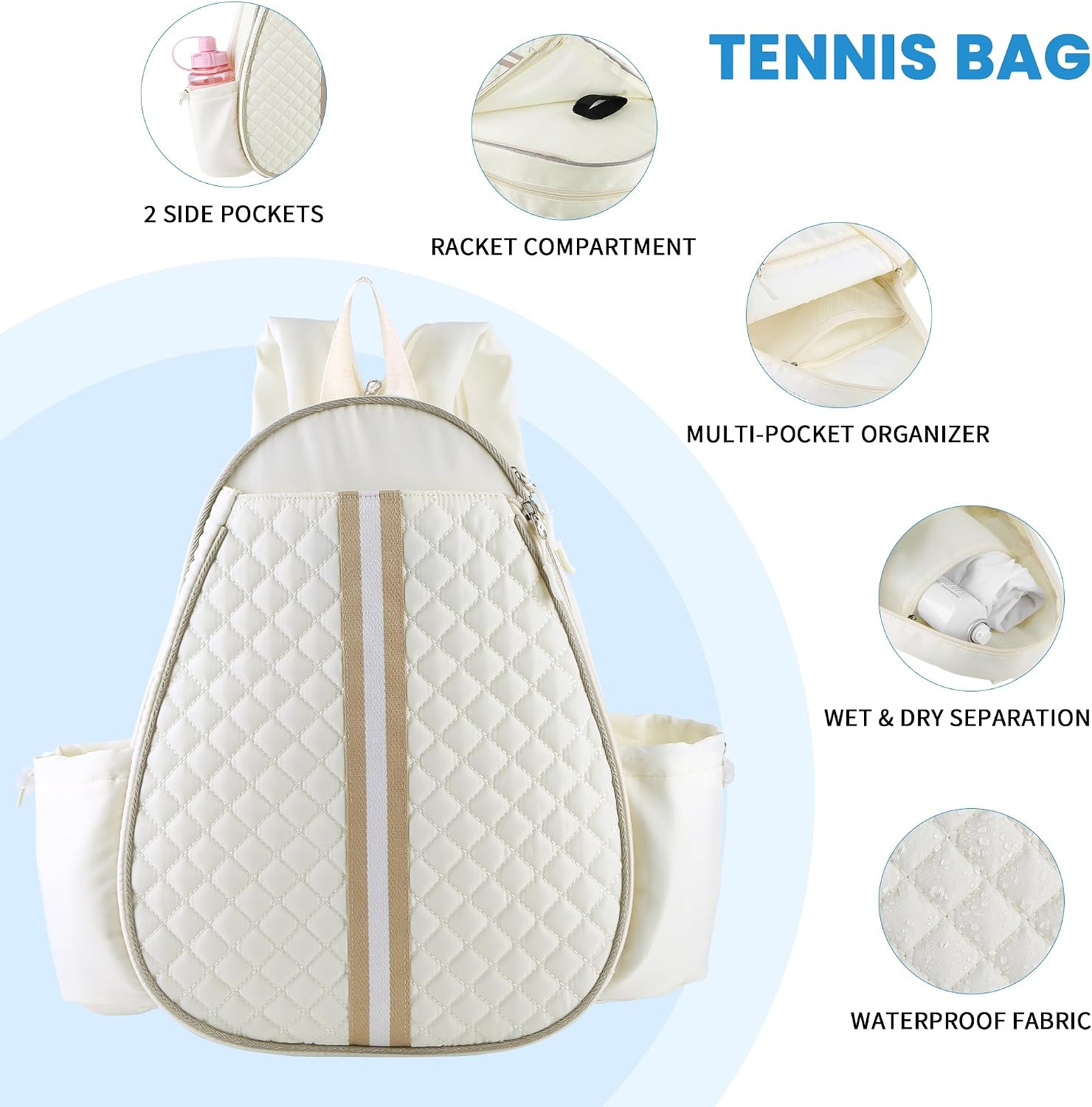 Tennis Racket Bag, Tennis Bags for Women, Quilted Sling Crossbody Backpack with Hook, Water Resistant Tennis Racket Cover for Pickleball, Racketball