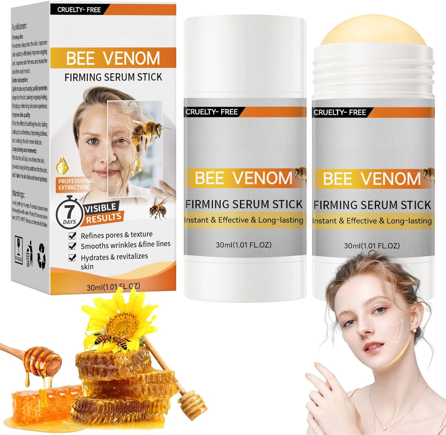2PCS Bee Venom Firming Serum Stick, Bee Venom Cream for Saggy Skin, Face Lifting & Firming, Anti Aging Face Cream to Tighten Wrinkles, Hydrating Instant Skin Tightening Cream for All Skin Types,2×30ml