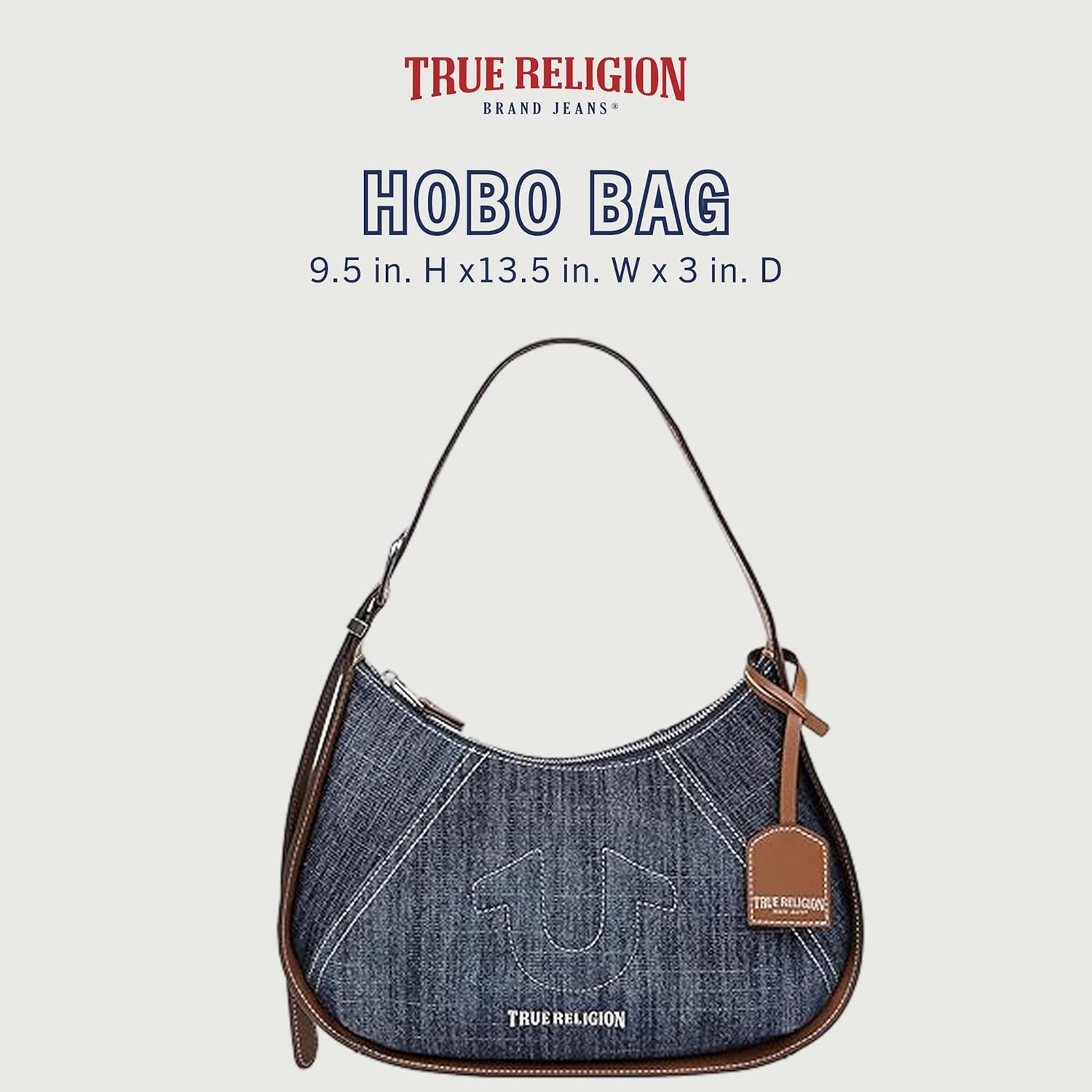 True Religion Hobo Bag, Zip Closure Shoulder Purse with Adjustable Handle Drop, Silver Hardware and Signature Lining, Denim Blue - Image 2