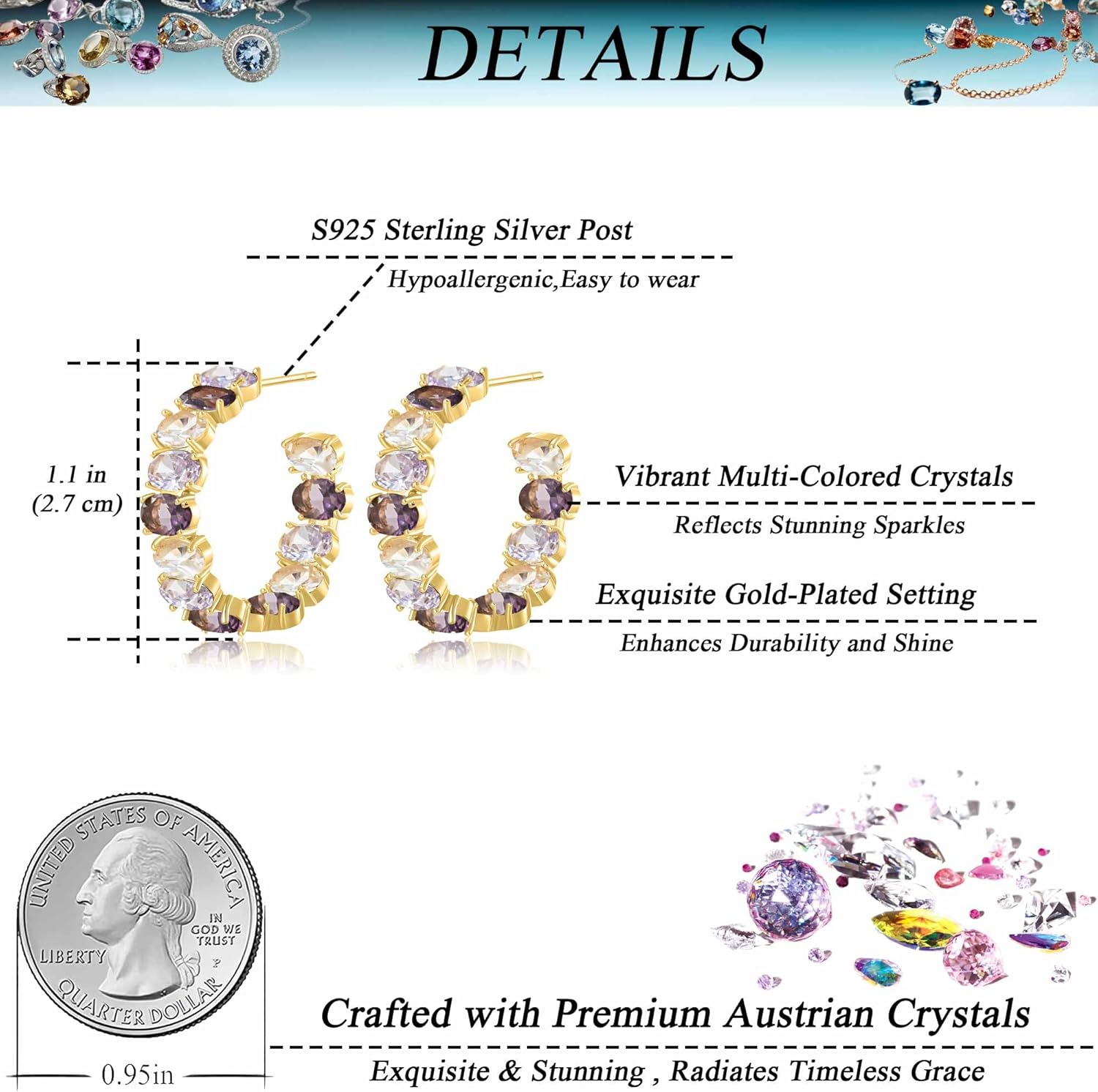 Dazzling Multicolor Austrian Crystal 14K Gold Plated Hoop Earrings for Women Fashion Hypoallergenic Jewelry Gift - Image 4