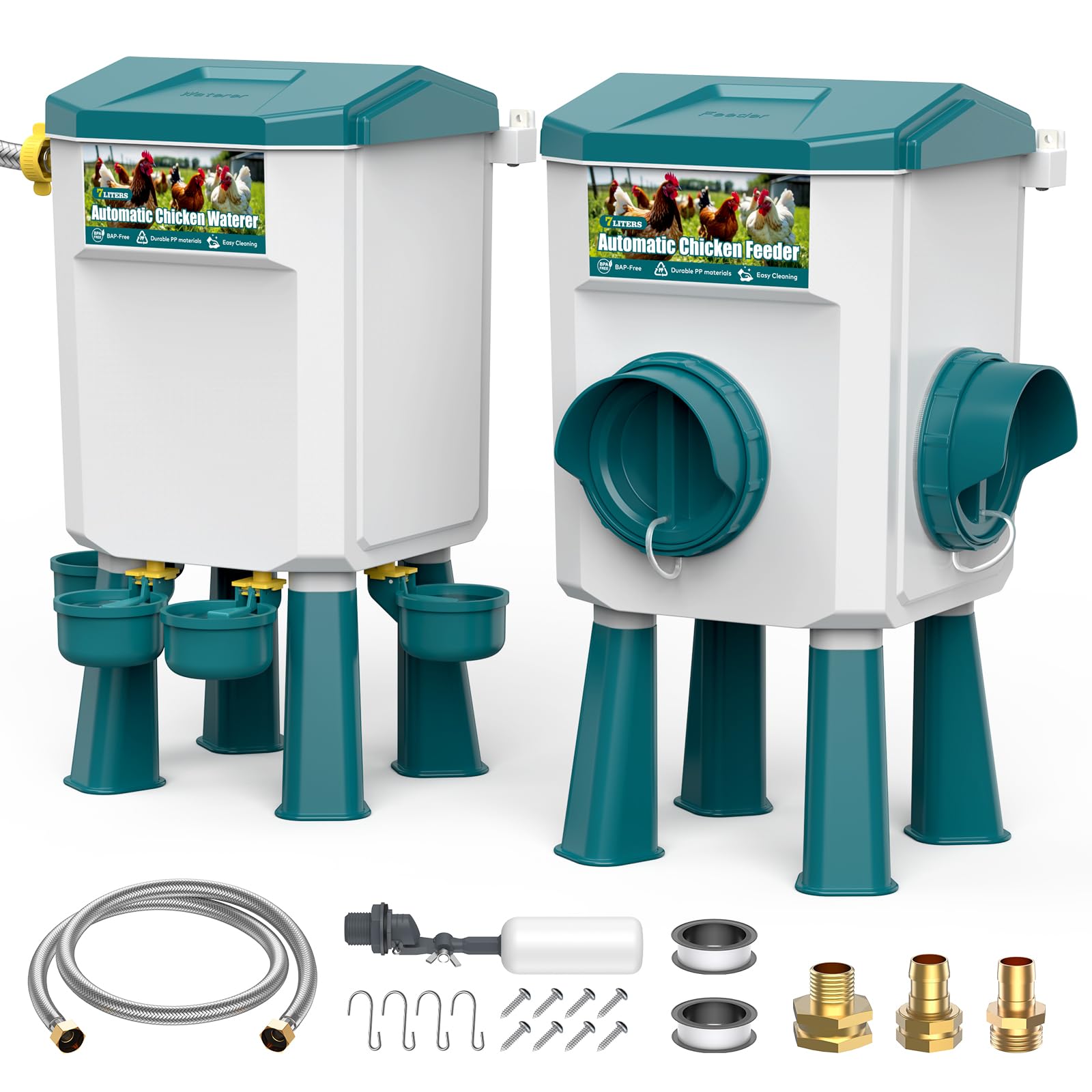 CHAMUTY - Alimentador de gallinas (7 litros, con pies), flotador filtrado, manguera de acero inoxidable de 1,5 m, bebedero dispensador de agua y gallina automática, alimentador de gallinas antidañinas