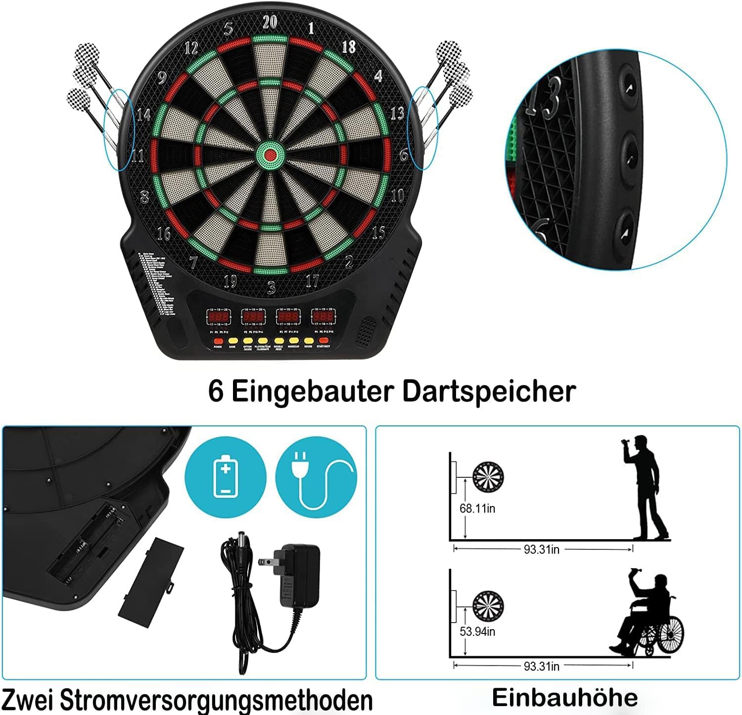 Elektronische Dartscheibe für 1-16 Spieler, E-Dartboards Dartautomat mit 4 LCD-Anzeige und 6 Darts und 24 Pfeilkopf 27 Spiele mit 243 Spieloptionen Profi Elektronik Dartspiel