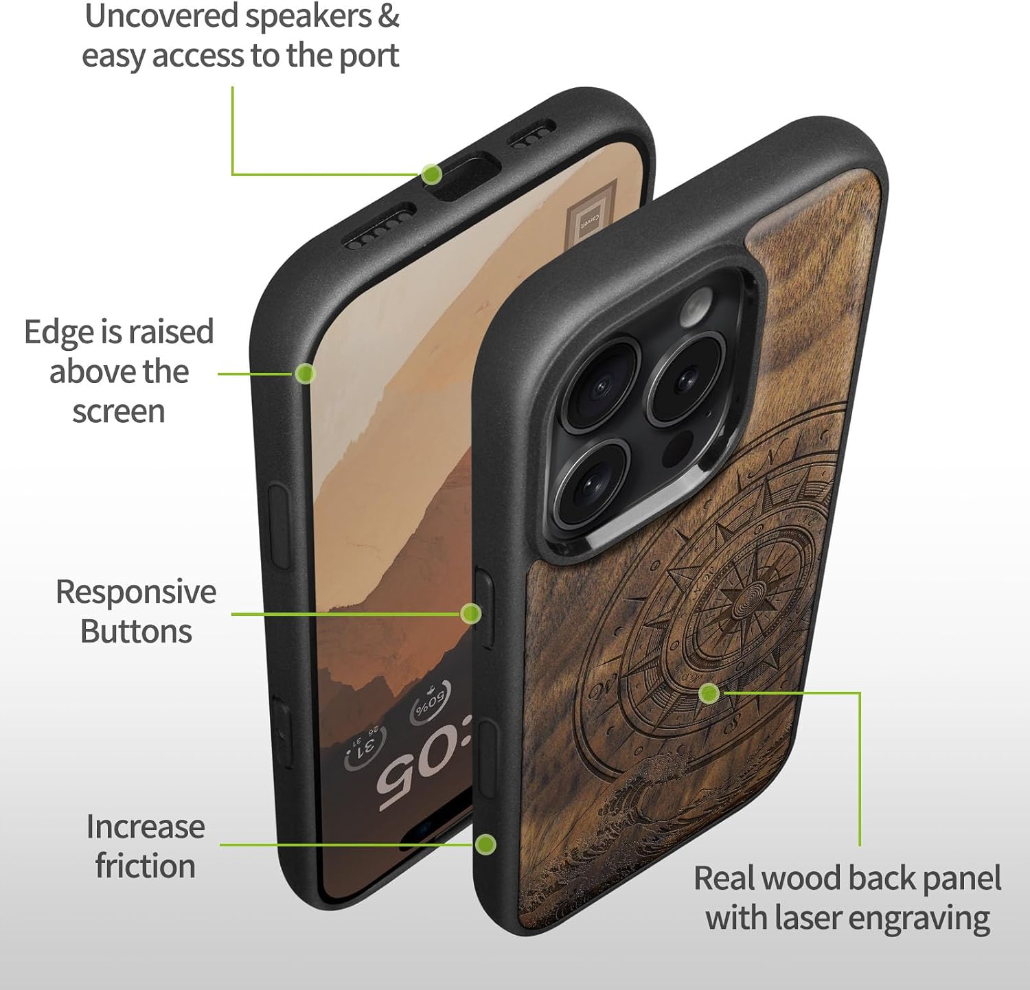 Carveit Magnetic Wooden Case for iPhone 16 Pro Case, Wood Artisan Engraved & Black Soft TPU Shockproof Cover, Compatible with MagSafe Wireless Chargers (Wave Compass) Walnut