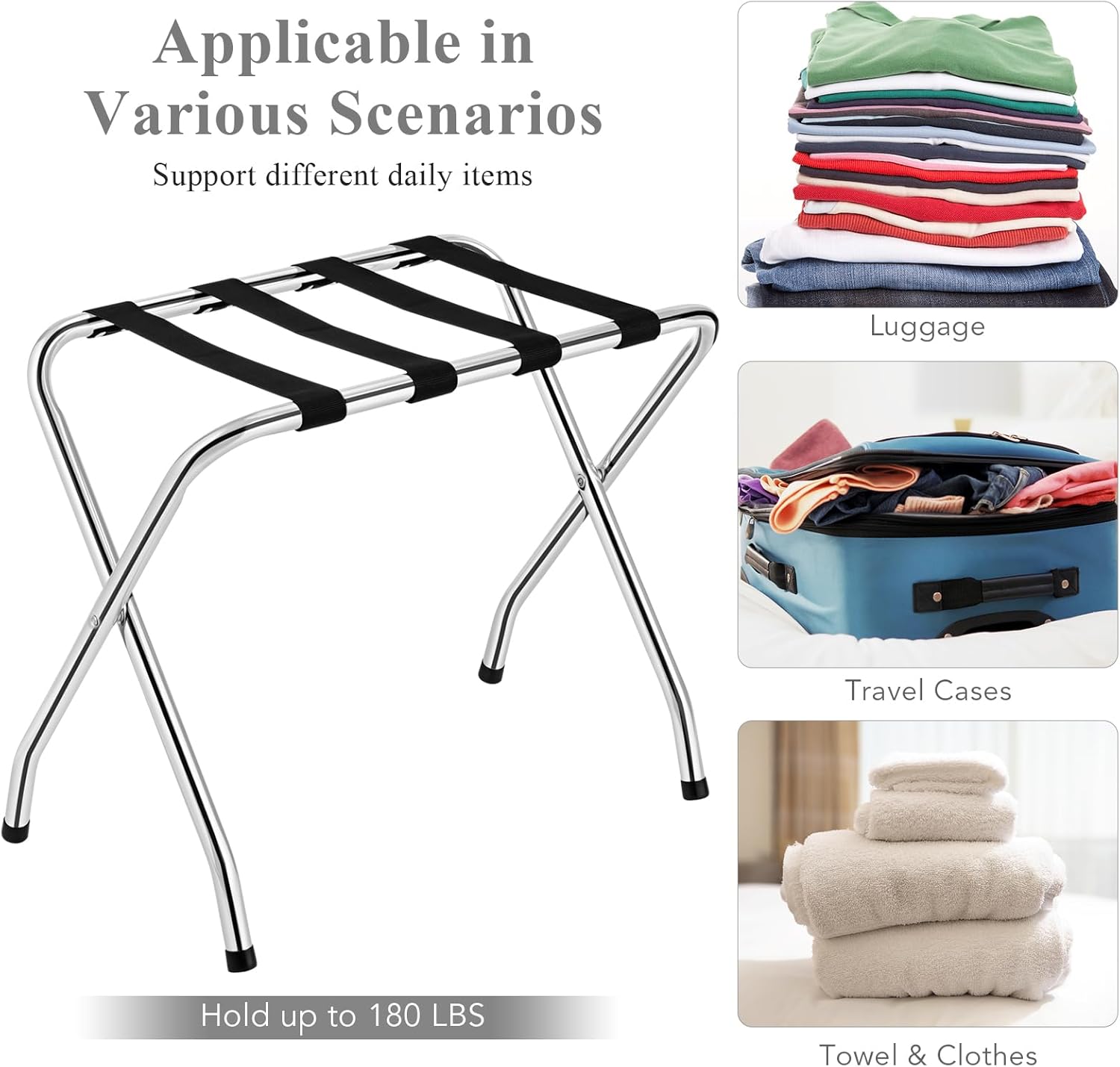 IRONMAX Luggage Rack, Metal Folding Suitcase Stand for Guest Room with Nylon Straps, Steel Frame & Rubber Feet, Suitcase Holder Holds up to 180 lbs, No Assembly Required, Chrome Luggage Stand for Hotel, Bedroom (Pack of 2)