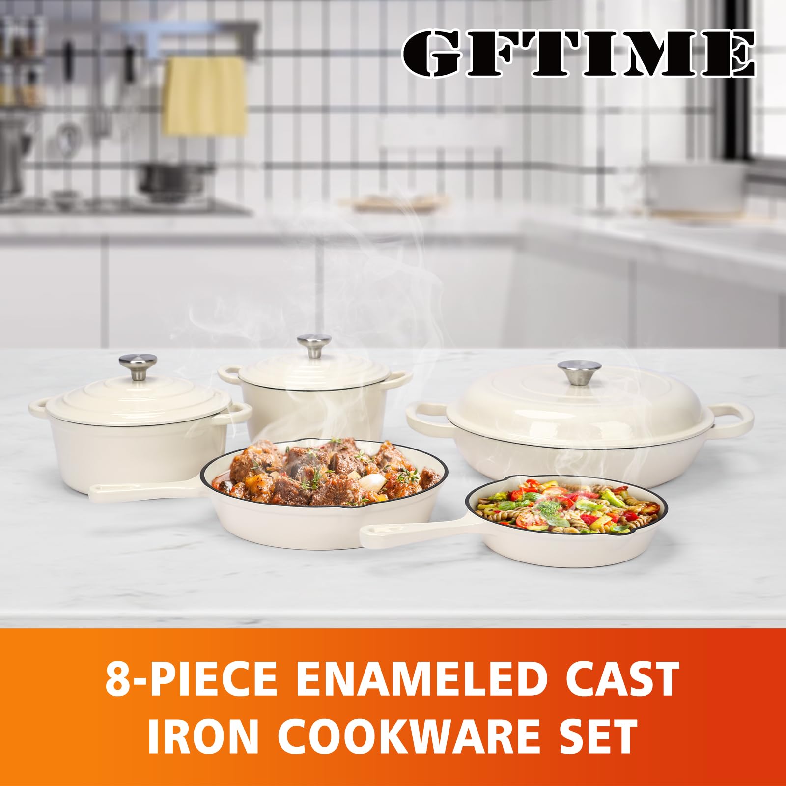 GFTIME Antihaft Emaille Gusseisen Kochgeschirr Set, 8 teiliges Töpfe und Pfannen mit Deckel, Bratpfanne, Schmortopf, Soßentopf, Runder Dutch Oven für Brotbacken auf allen Herdarten, Weiß