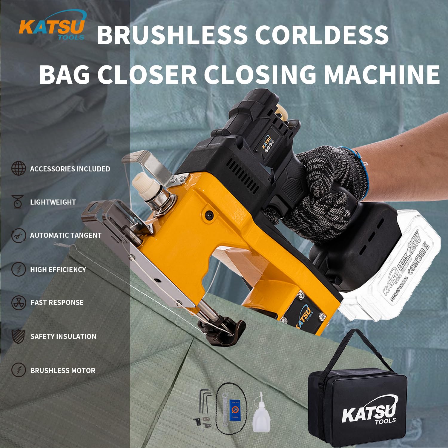 KATSU FIT-BAT - Macchina per cucire senza spazzole, senza fili, 18/21 V, portatile, per tessuti, sacchetti, carta, sacchetti di plastica, senza batteria e caricabatterie