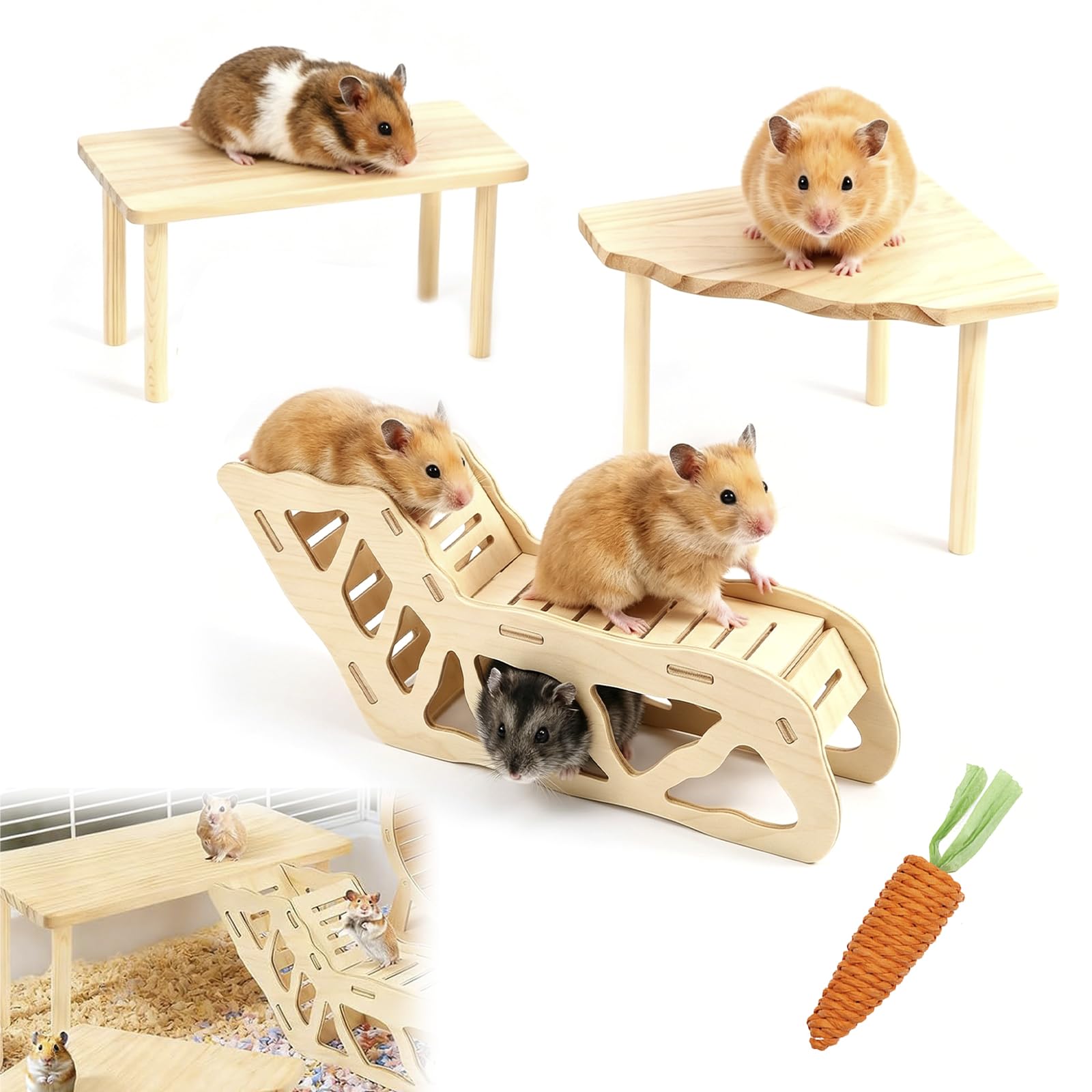 3 Piece Hamster Platform Play Wooden Tunnel, Wooden Hamster Cage Platform with Climbing Ladder for Dwarf Syrian Hamsters Gerbils Mice or Other Small Pets, Carrot toy for Hamsters