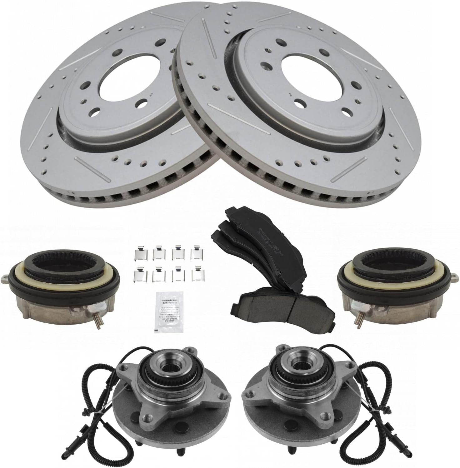 TRQ Front Brake Pad & Rotor Kit Ceramic Premium G-Coated Slotted X Drilled Compatible with 2011-2014 Ford Expedition F-150 Lincoln Navigator