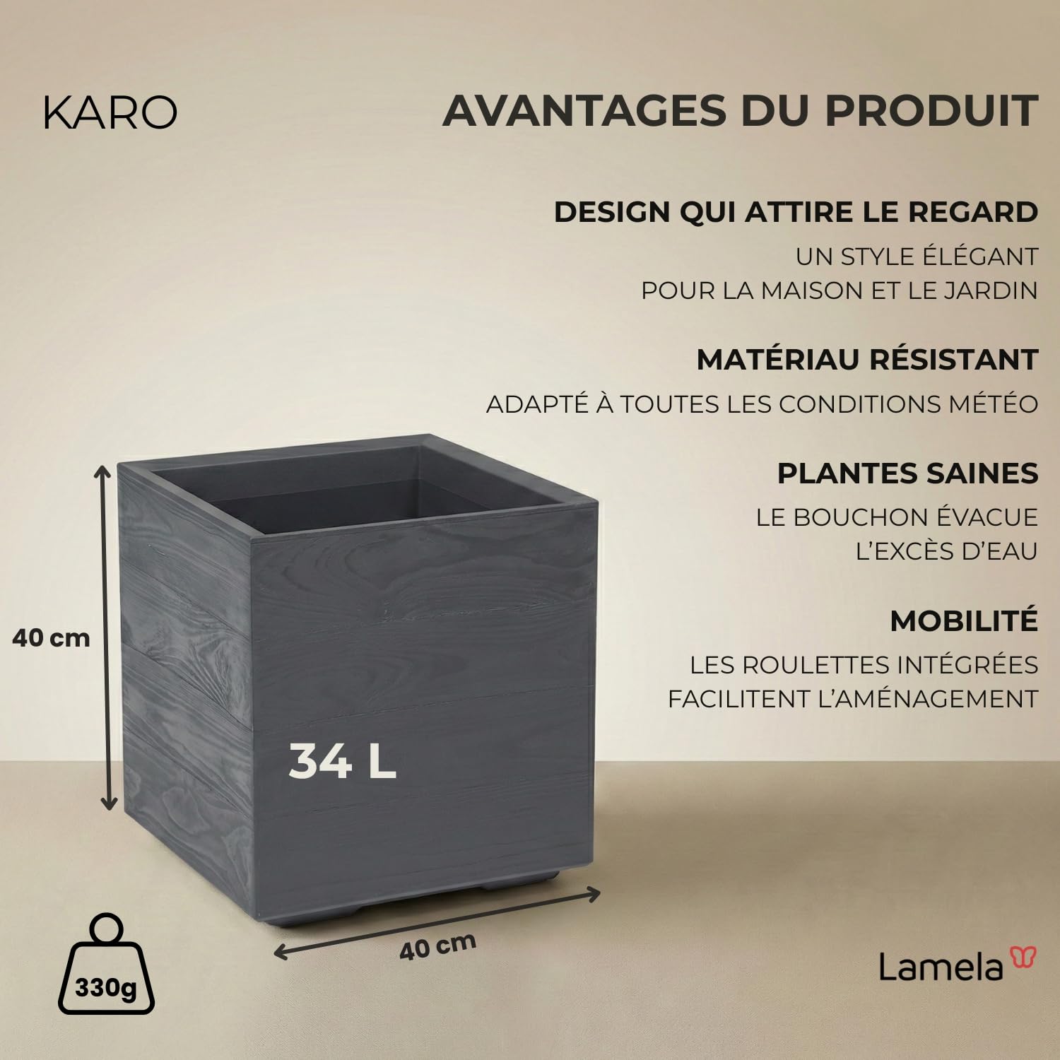 LAMELA Bac à Plantes sur roulettes 40 cm, 36 L - Pot de Fleurs en Plastique Effet Bois - Cache-Pot avec Drainage - Intérieur & extérieur - Résistant aux intempéries et Facile d’Entretien, Anthracite