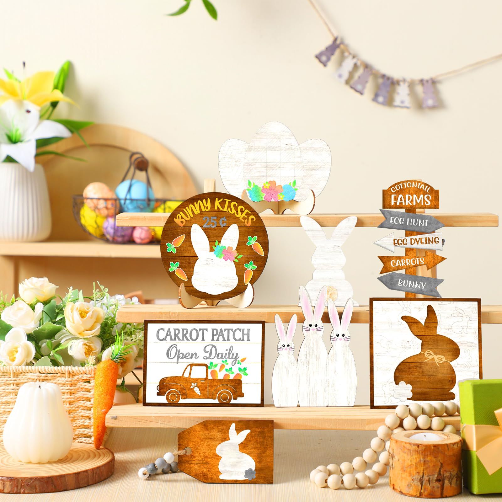 Marsui Easter Tiered Tray Decor Happy Easter Tiered Tray Ornament Rustic Farmhouse Spring Sign Bunny Truck Gnome Egg Wooden Sign for Home Table Decor(Bunny)