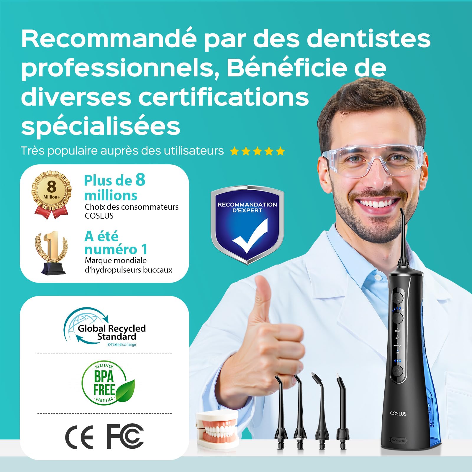COSLUS C50 Jet Dentaire Hydropulseur Irrigateur Oral: 4 modes et 20 niveaux-IPX7 étanche-Technologie Anti éclaboussures-Usage à domicile et en voyage-pour gencives sensibles et santé-Noir Brillant