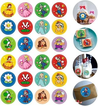 120pcs Mario Round Stickers, Mario Party Supplies for Kids Birthday Decorations - 10 Sheets