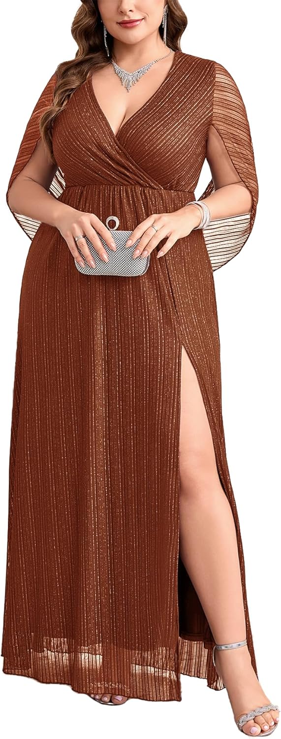 CYCLAMEN Plus Size Sparkly Formal Dress Cape Sleeve V Neck A Line Side Split Maxi Evening Gown Wedding Guest Prom Dresses