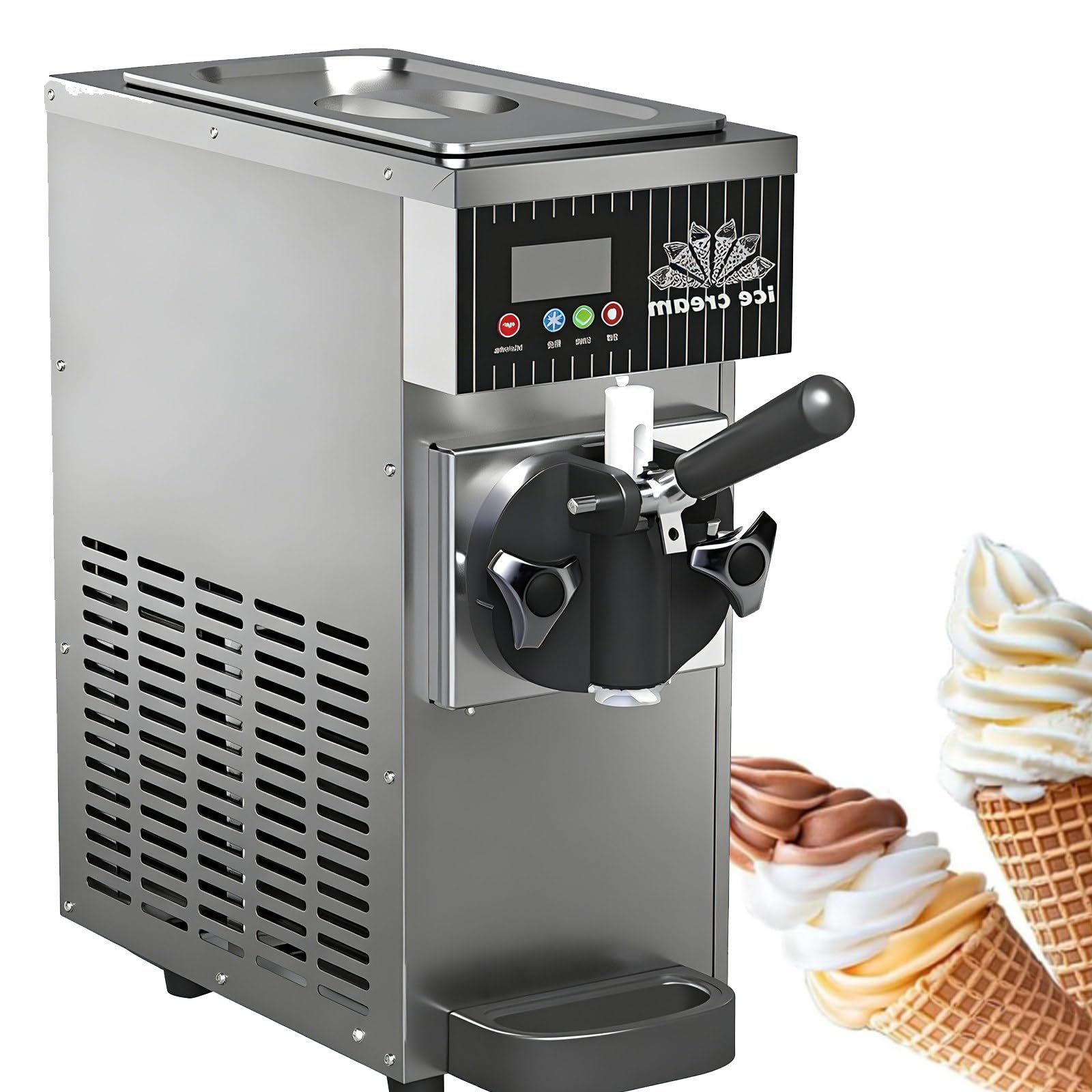 Máquina de helado, máquina de servicio suave, salida de 4-5 kg/H, tolva refrigerada de 2.5 L, tanque de congelación de 1 litro, limpieza automática, panel LCD, encimera de 450 W, color blanco