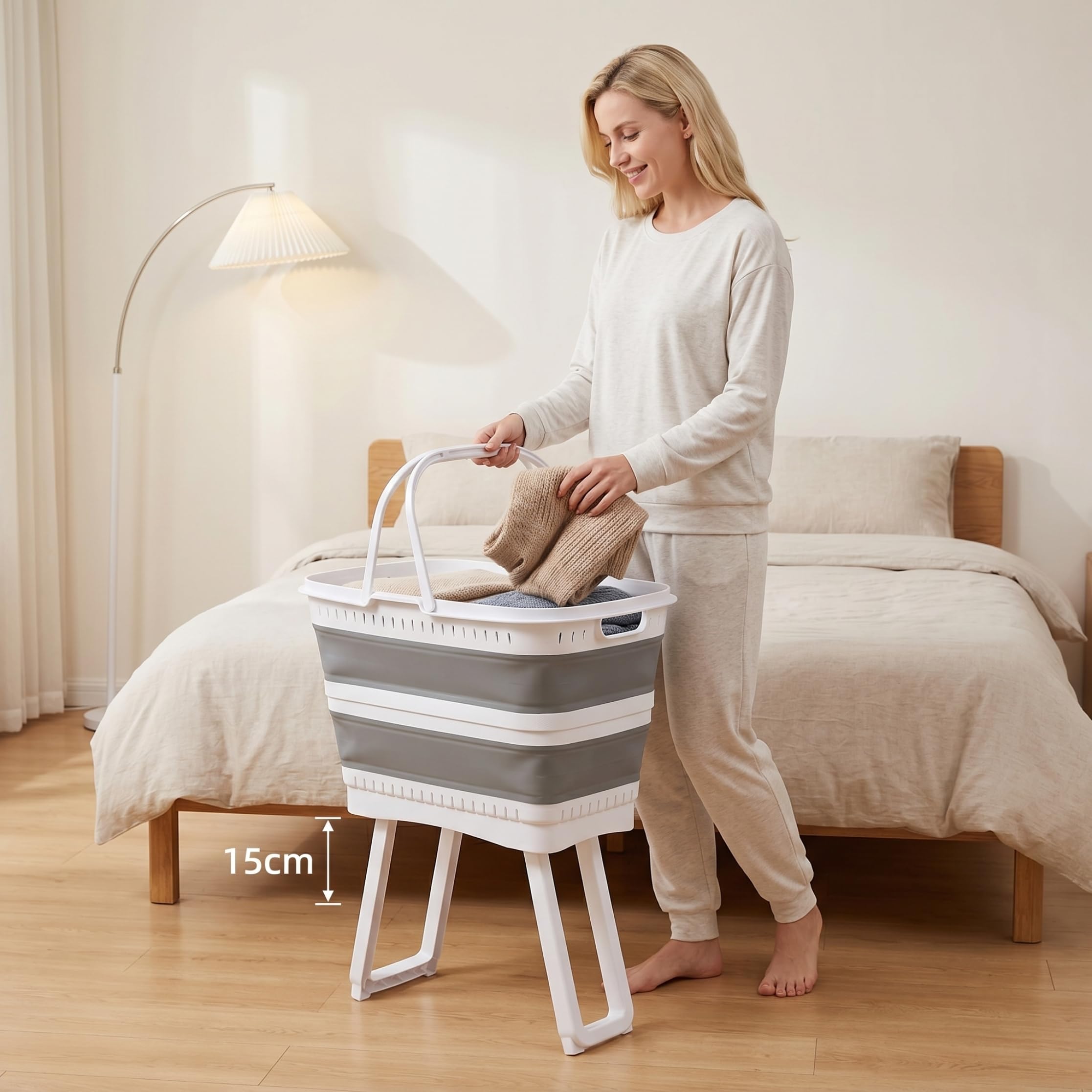 Zusammenklappbarer Wäschekorb aus Kunststoff mit Beinen, 26 l, großes Fassungsvermögen, faltbarer Wäschekorb mit Griffen für Badezimmer, Schlafzimmer, Küche, Spielzimmer, Wohnheim, Grau.