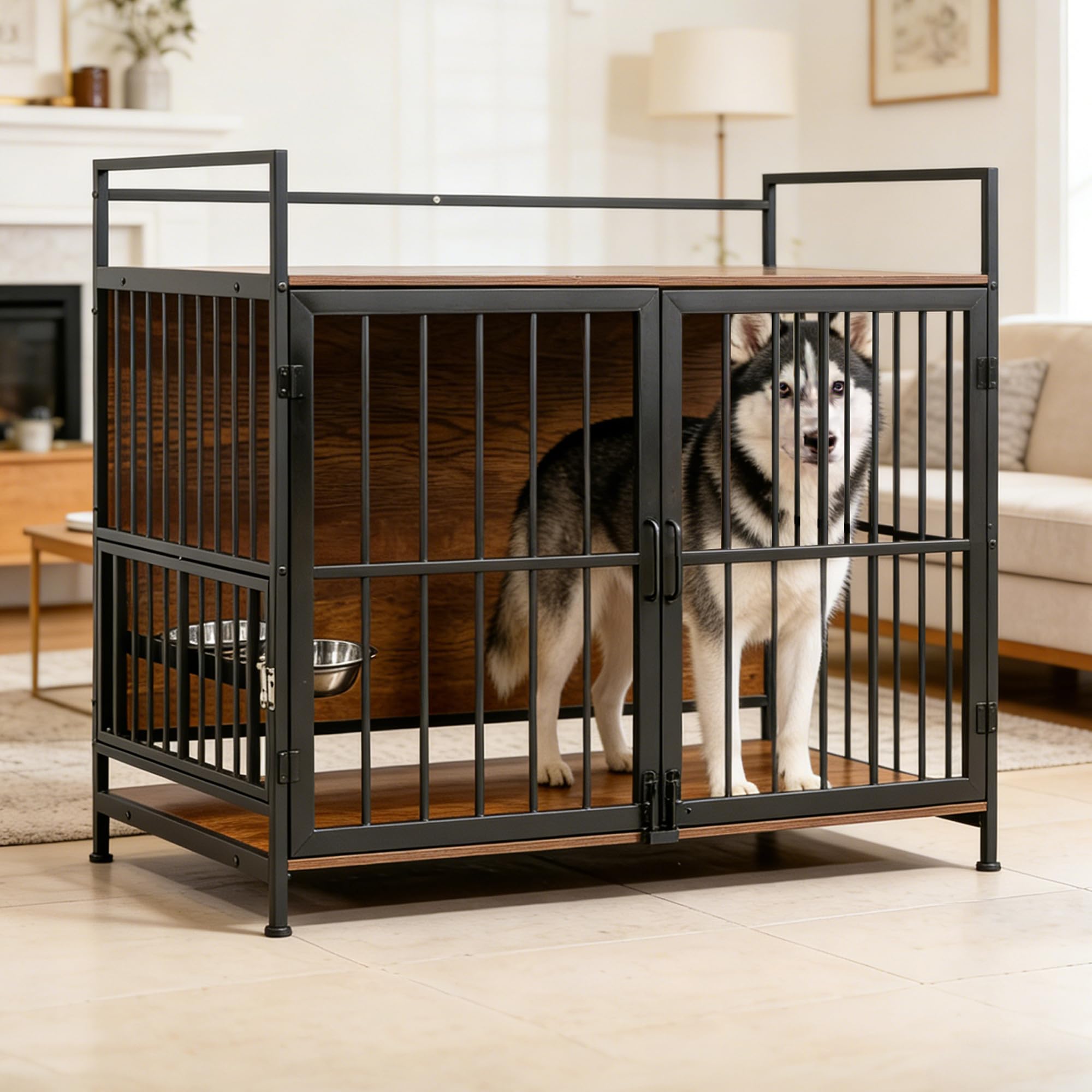 41 inch dog crate furniture for large dogs, wooden indoor dog cage with double doors, built-in 360° swivel bowls, comfortable flat floor, rustic style end table kennel