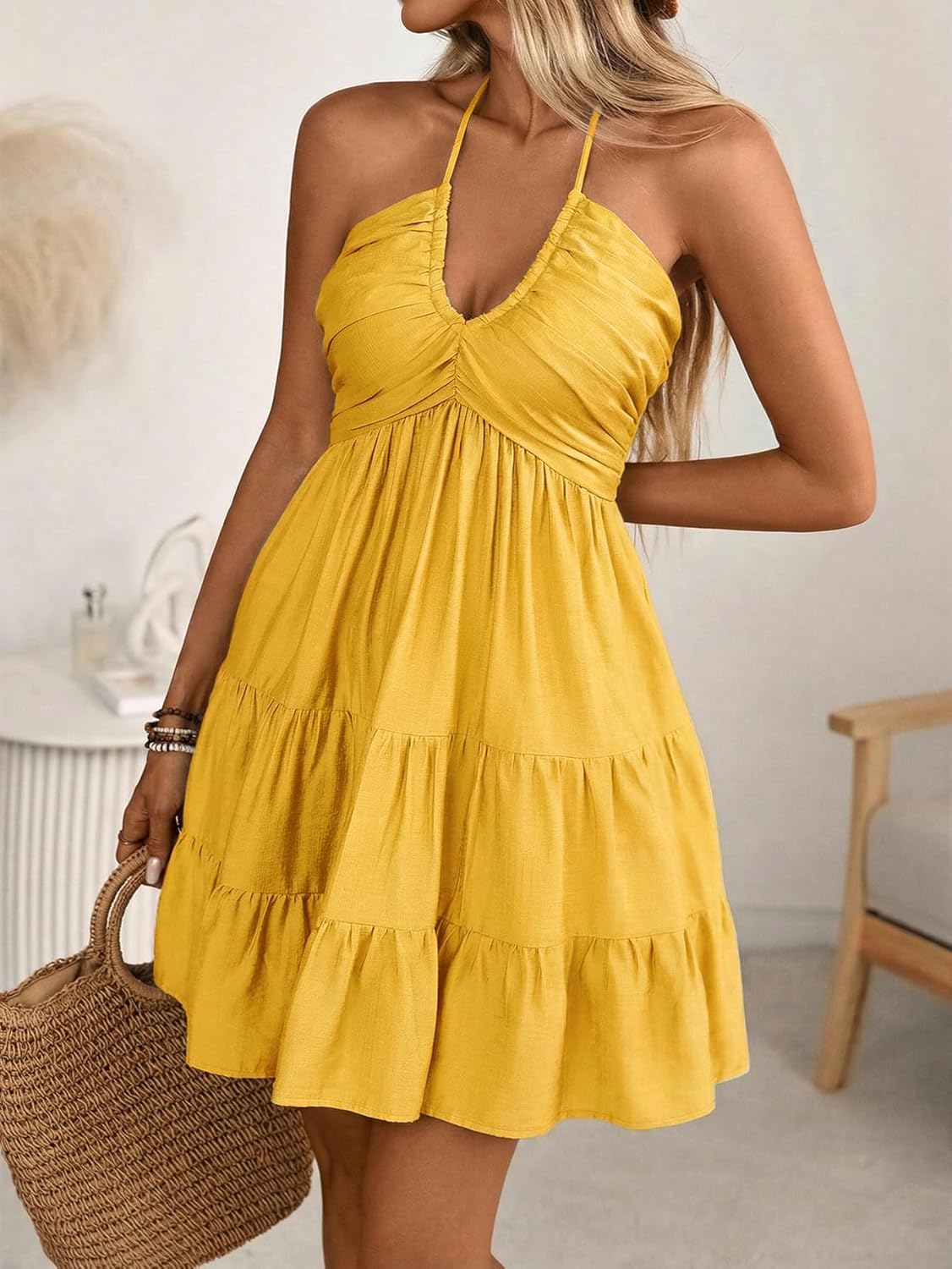 SOLY HUX Women's Summer Mini Dress Halter Backless Sleeveless A Line Ruffle Hem Flowy Cami Dresses Sundress - Image 5