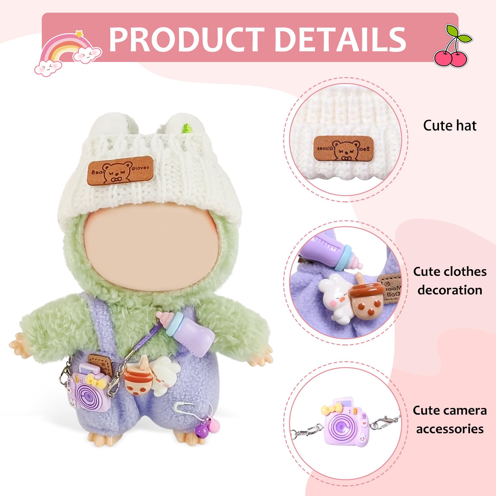 Vestiti per bambola da 15-17 cm, Vestiti per Bambole, Accessori per bambole, Vestiti per Peluche, con 1 cappello, 1 pagliaccetto, 1 zaino per fotocamera (Viola)