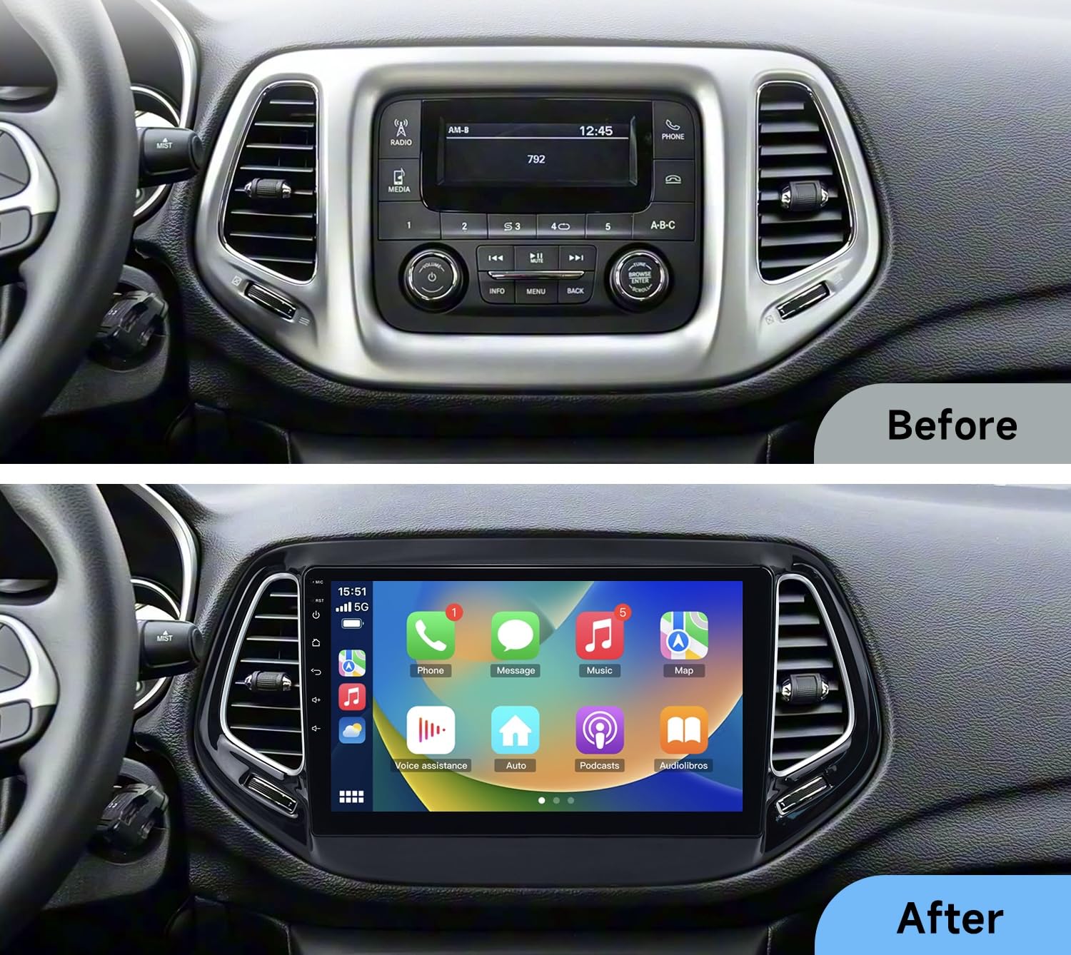 Autoradio cartablet per Jeep Compass 2015-2020, Schermo Touch HD, Apple CarPlay & Android Auto, GPS Navigatore, Bluetooth WiFi USB (4GB RAM 32GB ROM) CTB-CMP01