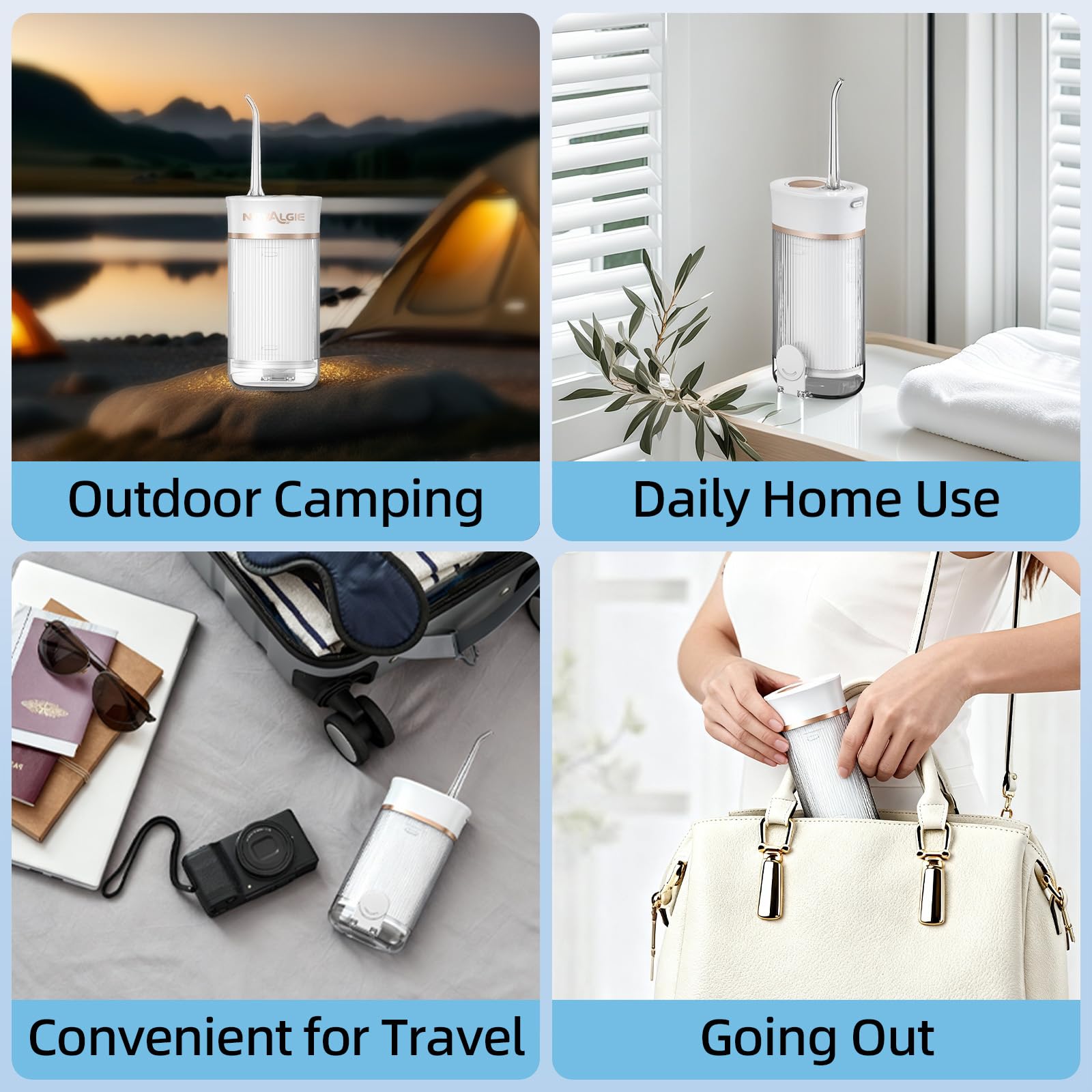 Irrigador bucal portátil de viaje: mini irrigador oral inalámbrico con tanque telescópico de 180 ml, 3 modos, 5 boquillas, limpiador de dientes impermeable IPX7 para aparatos ortopédicos