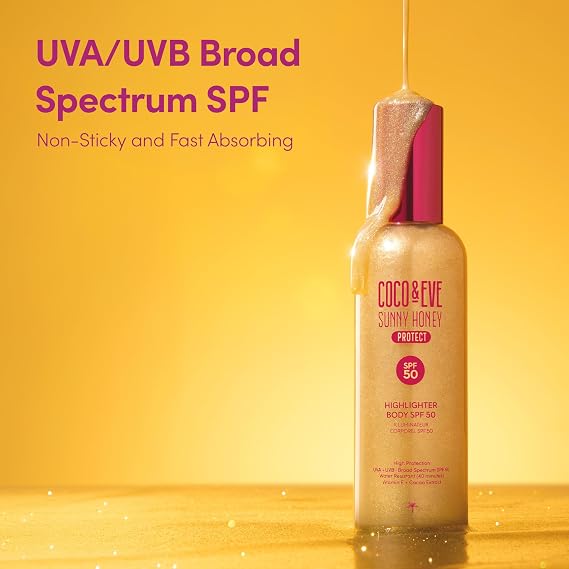 Coco & Eve Body Highlighter SPF 50 Shimmer Sunscreen, Broad Spectrum Sun Protection, Lightweight Serum-Like Lotion with Pearlescent Minerals & Vitamin E for Hydrated & Glowing Skin, 5.07 Fl Oz