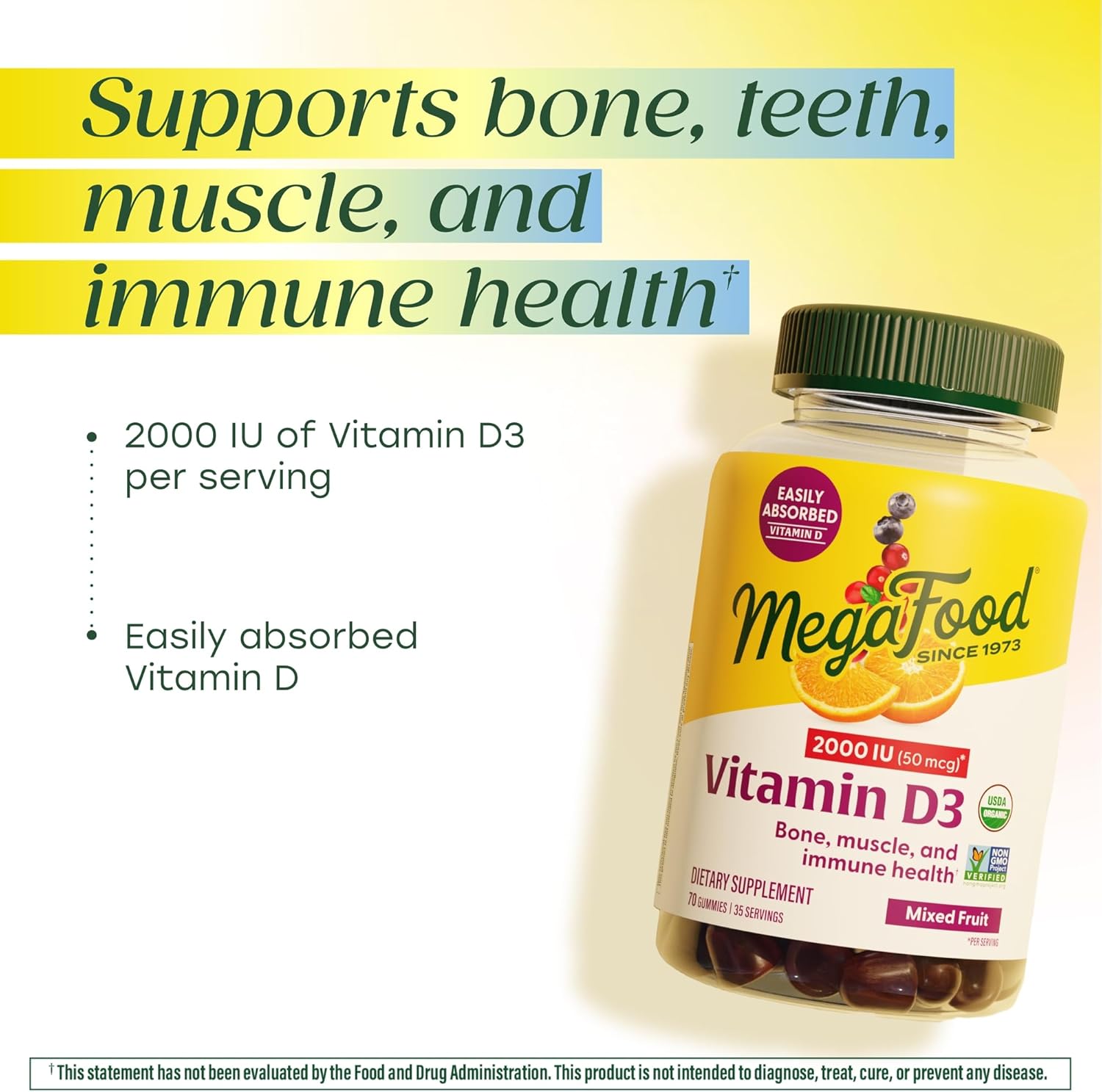 MegaFood Vitamin D3 Gummies 2000 IU (50 mcg) - Vitamin D Gummies Mixed Fruit Flavor, Bone, Muscle & Immune Support Supplement, Vegetarian, Gluten-Free, USDA Organic – 70 Gummies, 35 Servings - Image 4