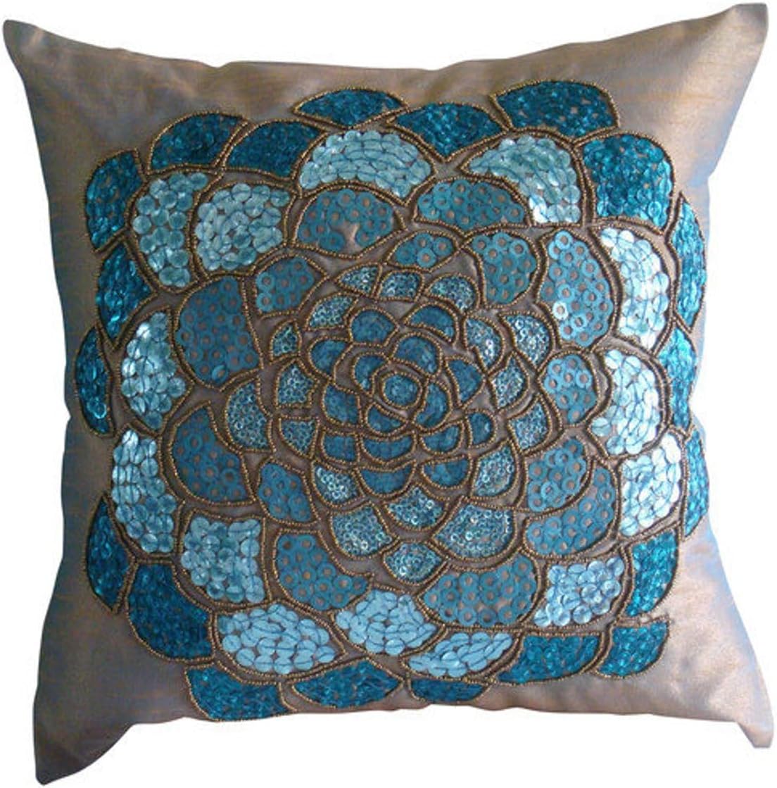 The HomeCentric Pillow Covers, Blue Cushion Cover, 3D Sequins Flower Medallion Floral Theme Pillows Cover, 18x18 inch (45x45 cm) Pillow Cover, Square Silk Pillows Cover Couch, Floral - Wild Flower