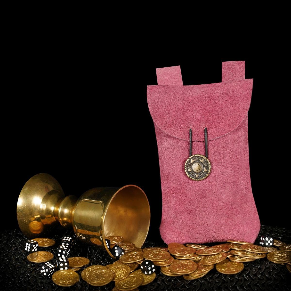 Medieval Leather Pouch Renaissance Suede Jewelry Belt Pouch LARP Costume Waist Bag Gift Accessory for Men and Women, Pink, 7.2" x 4.7" - Image 3