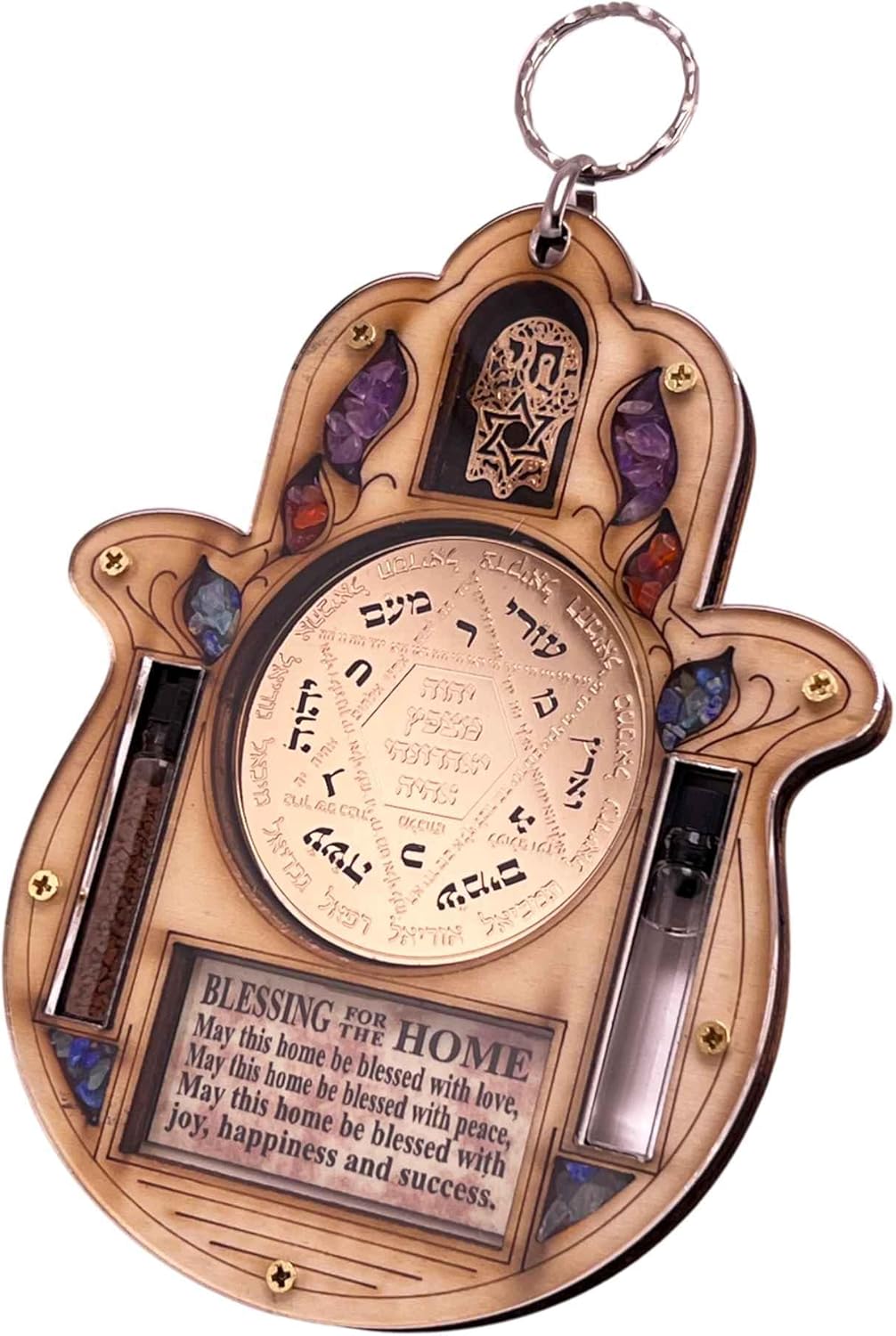 Hamsa Hand Wall Decor Hanging Ornament Car Accessory Handmade Jewish Gift for Home Hebrew w/Blessing for The Home Prayer Jerusalem Holy Soil & Water from Jordan River Holy Land 5.5x4