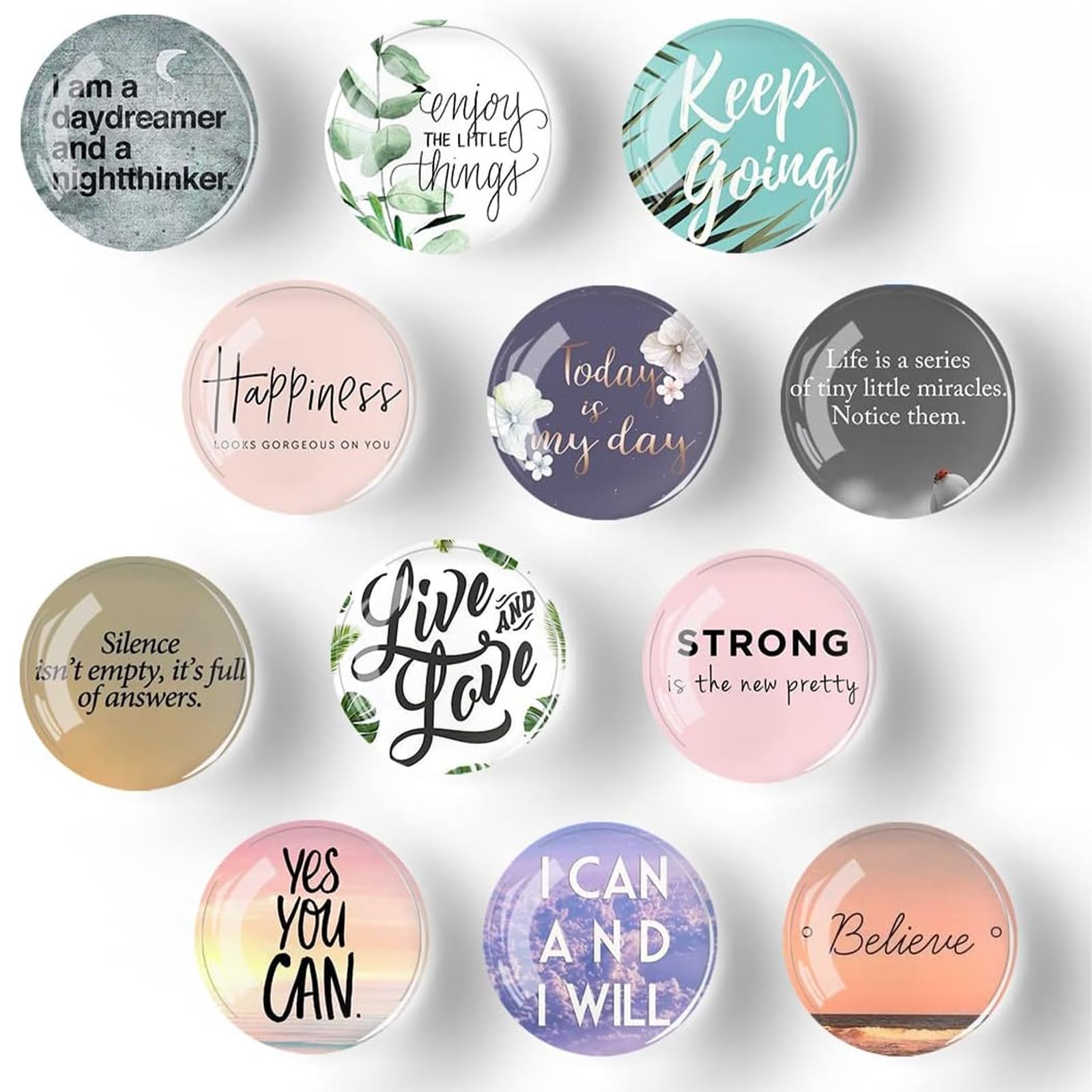 12 Pcs Glass 3D Round Fridge Magnets - Inspirational English Whiteboard Magnets - Mini Fridge Accessories - Suitable for Refrigerators, Offices, Homes, Cabinets, Whiteboards, etc