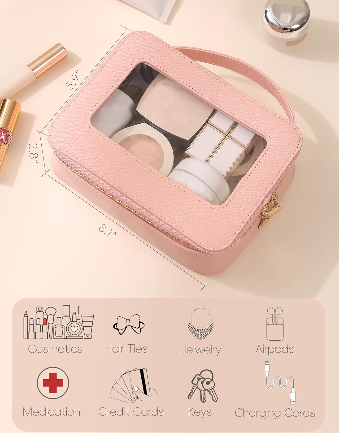 Meiyuuo Clear Makeup Bag Cosmetic Organizer Case with Handle Large Travel Toiletry Bag Zipper Skincare Pouch for Purse Essentials Waterproof Car Bag for Women Off White