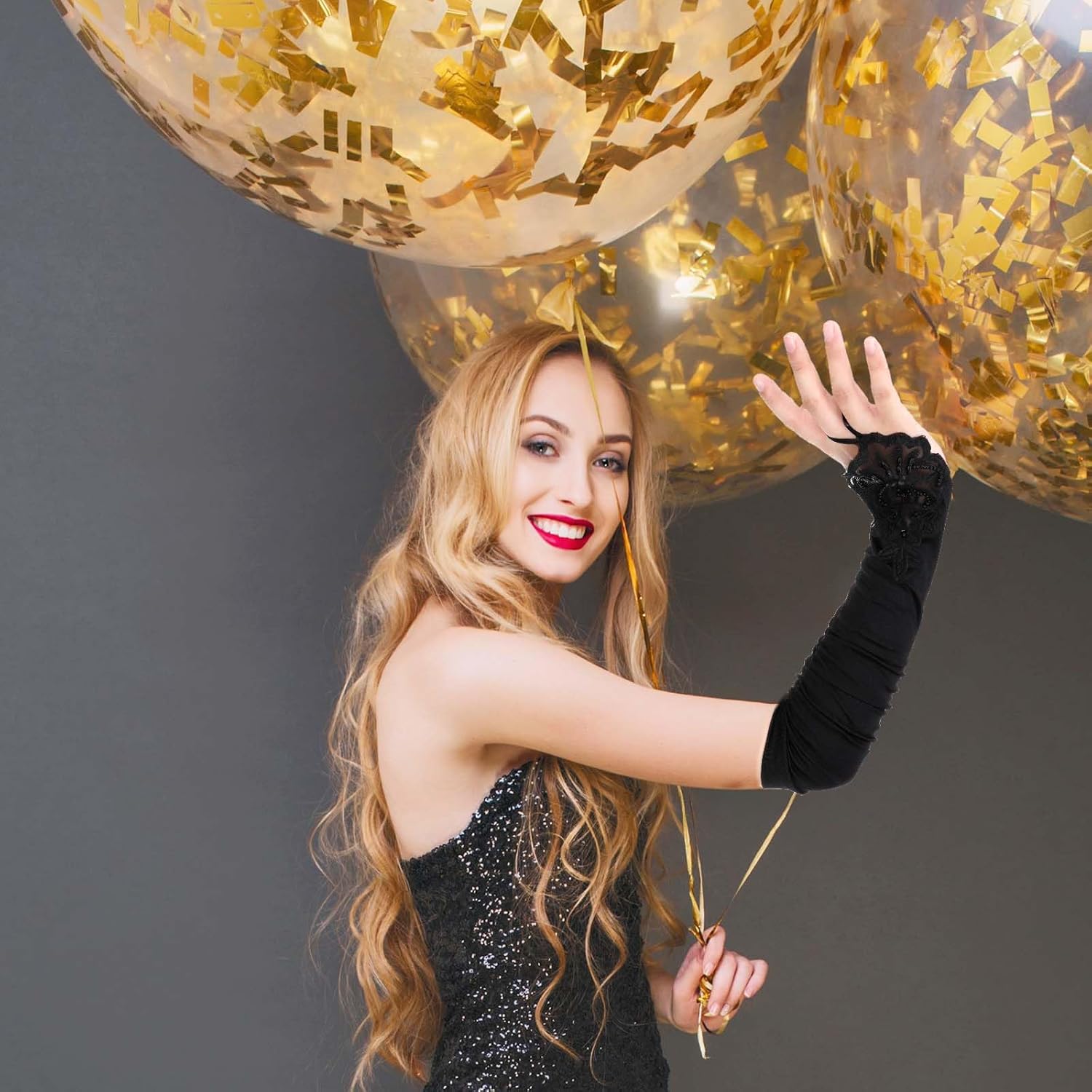 Giantree 1 pair Women 20s Fingerless Satin Gloves, Black Long Opera Gloves with Finger Loops, Formal Bridal Banquet Party Wedding Opera Colorful Mitten, for Women Theme Party Halloween Costume (Black) - Image 4