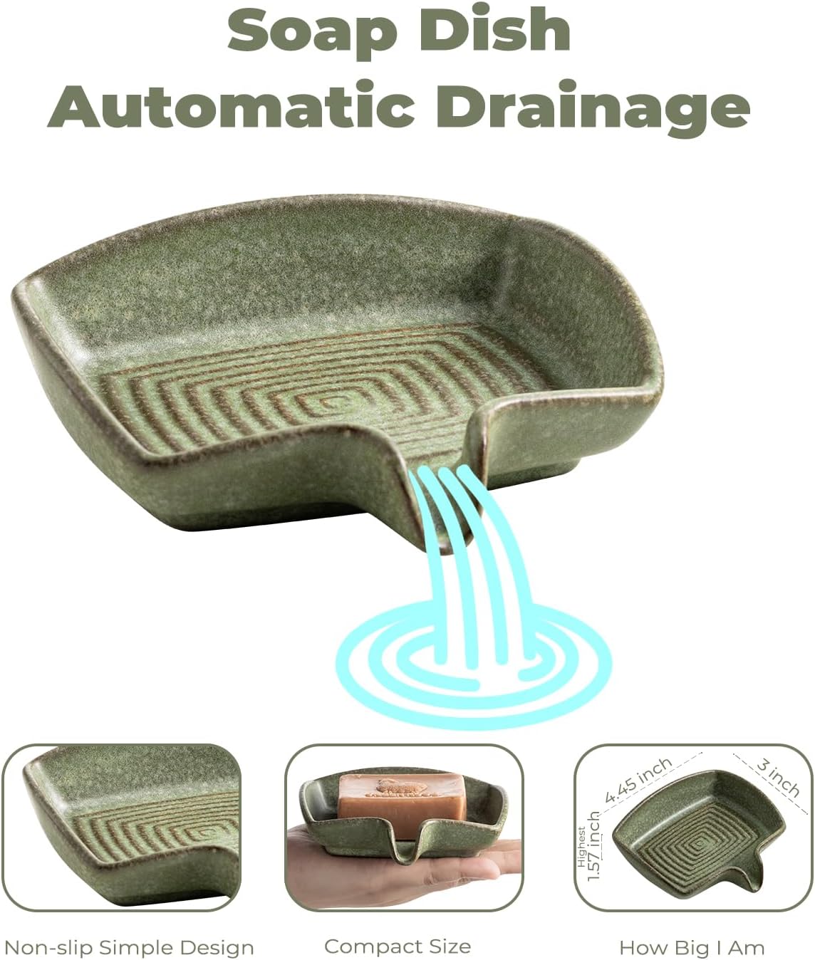 Self Draining Soap Dish, Ceramic Drain Soap Holder Waterfall Design Soap Saver for Shower, Bathroom, Sink, Kitchen and Countertop, Keeps Dry, Green Green Rectangular