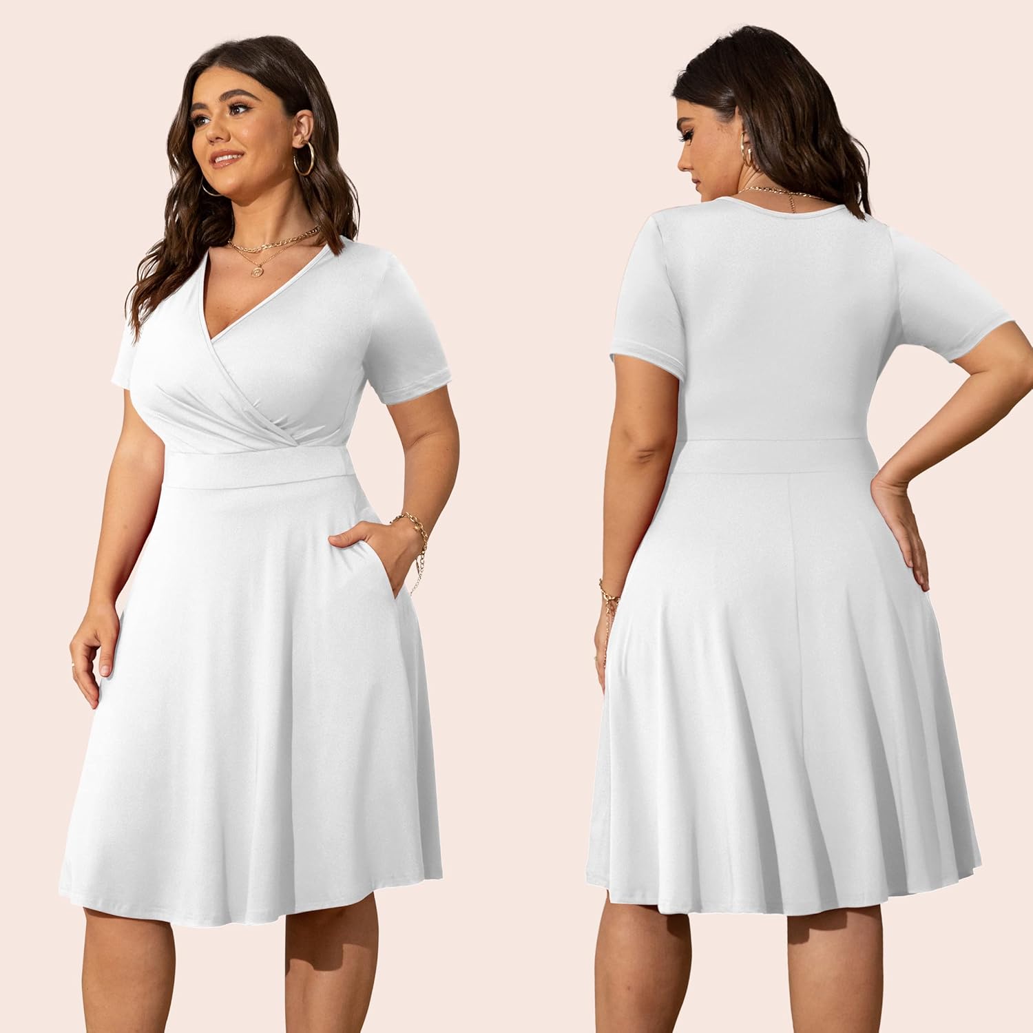 POSESHE Womens Plus Size Dresses Summer Short Sleeve Wrap V-Neck Sundress Casual Wedding Guest Cocktail Dress with Pockets - Image 2