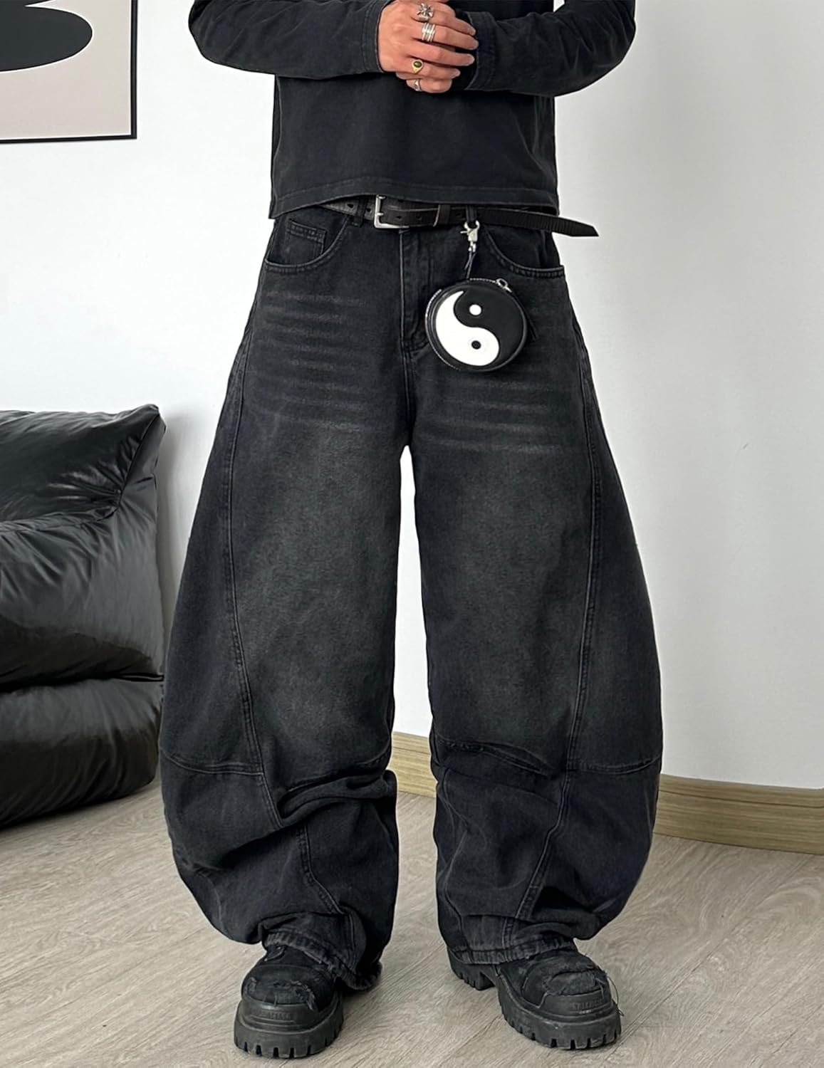 Mens Baggy Jeans Mid Waist Washed Denim Pants Irregular Sutures Trousers Wide Leg Jeans with Pockets - Image 4