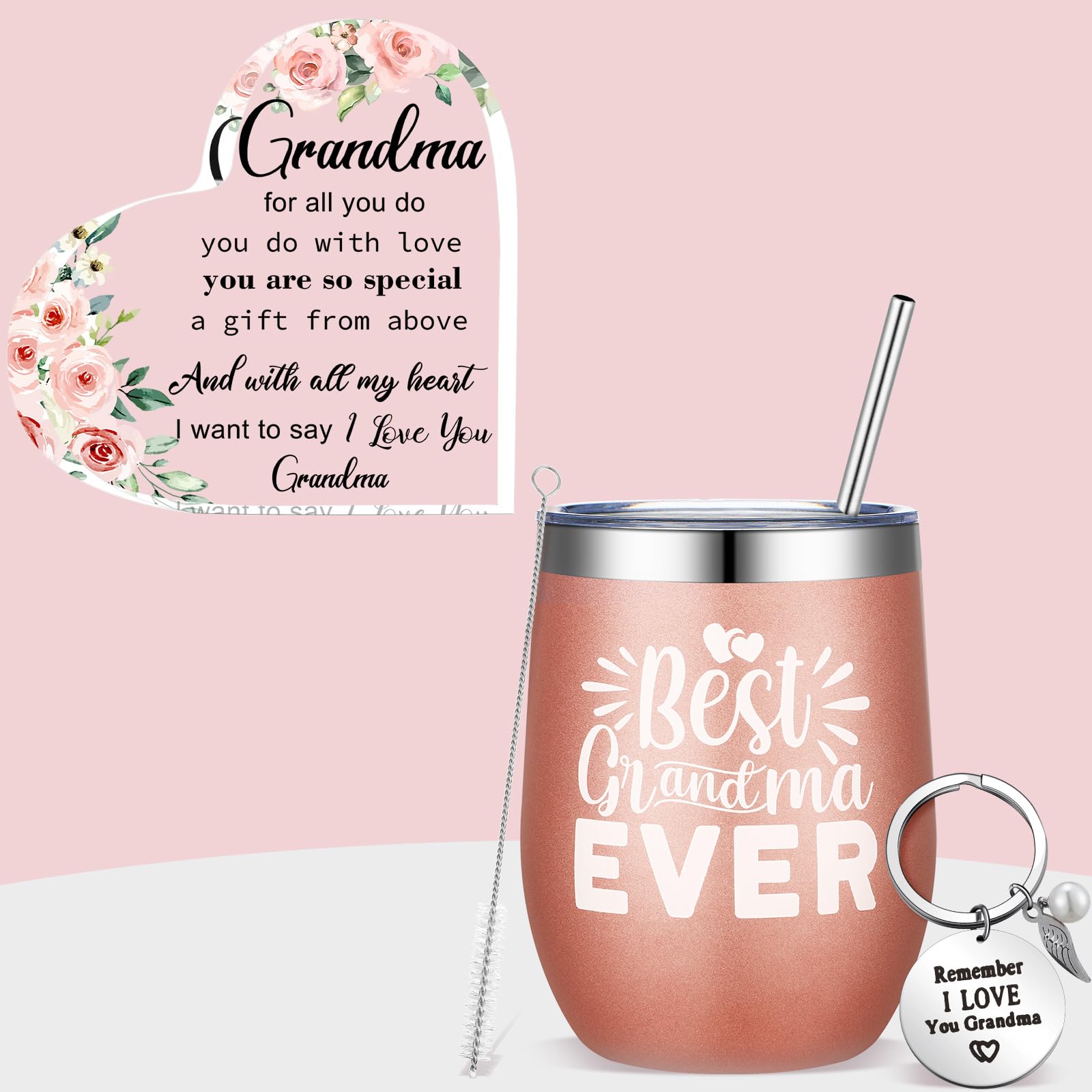 Photo 1 of 3 Pcs Grandma Gifts from Granddaughter, Grandson Best Grandma Ever 12 oz Tumbler with Lid and Straw Floral Heart Acrylic Keepsake and Keychain Gifts for Grandma Birthday Mother's Day Gifts